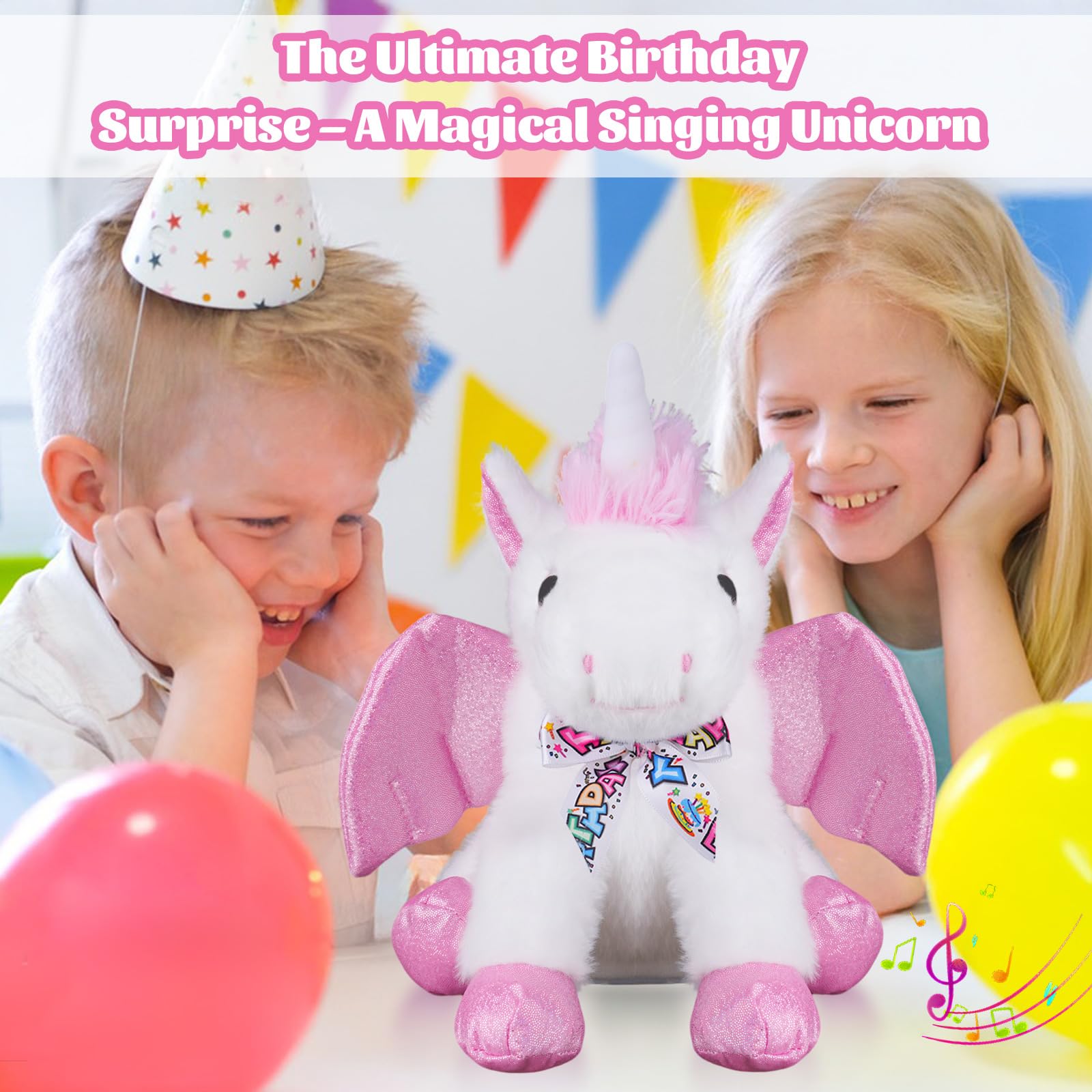 Happy Birthday Gifts - Peluche a forma di unicorno con la canzone di buon compleanno, unicorno con ali mobili, regalo per feste per bambini, ragazzi, ragazze, bambini, 28 cm, rosa