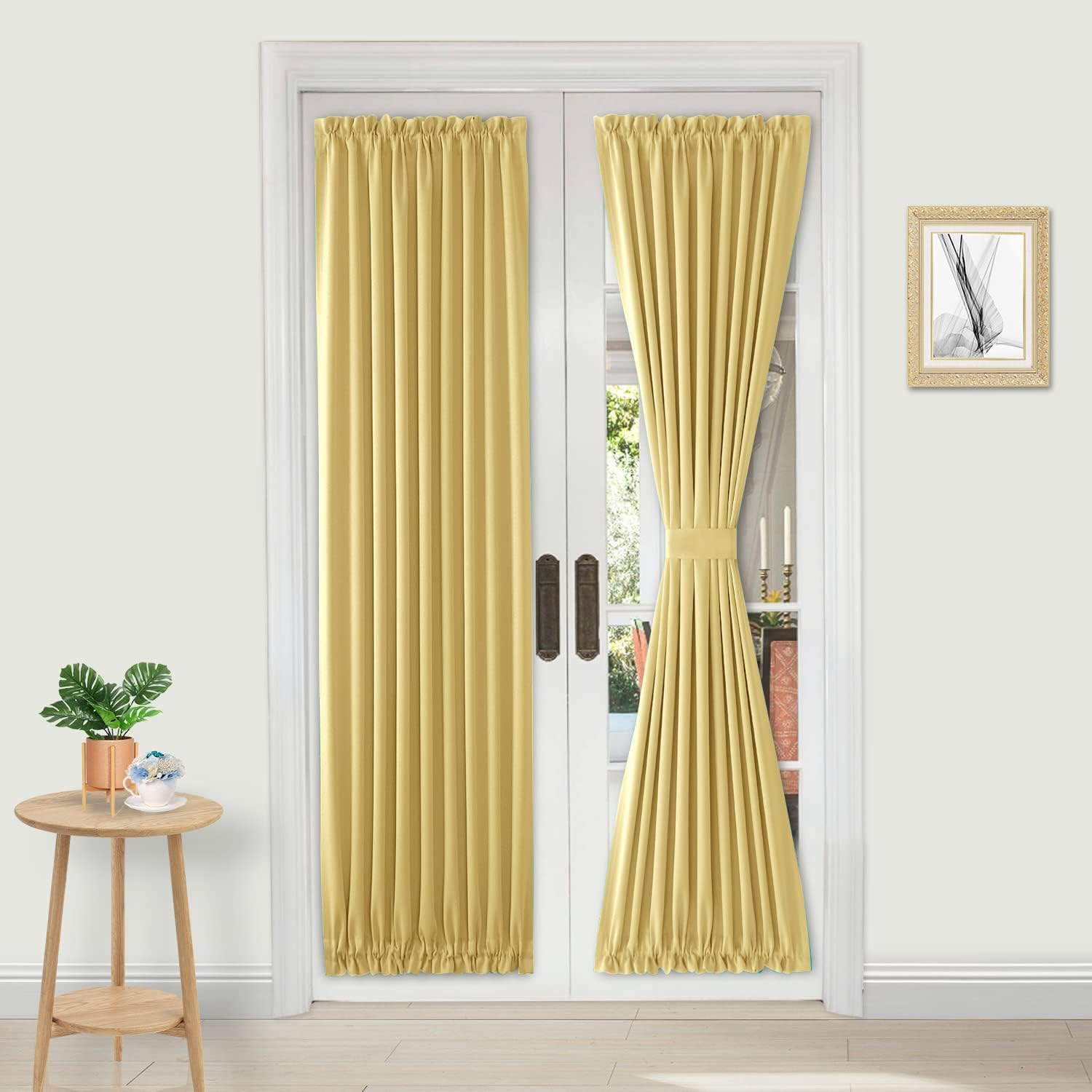 DWCN French Door Curtains – Rod Pocket Thermal Curtain for Doors with Glass Window, Kitchen and Patio Doors for Privacy, 25 X 64 Inches Long, 1 Curtain Panel with Tieback, Light Yellow