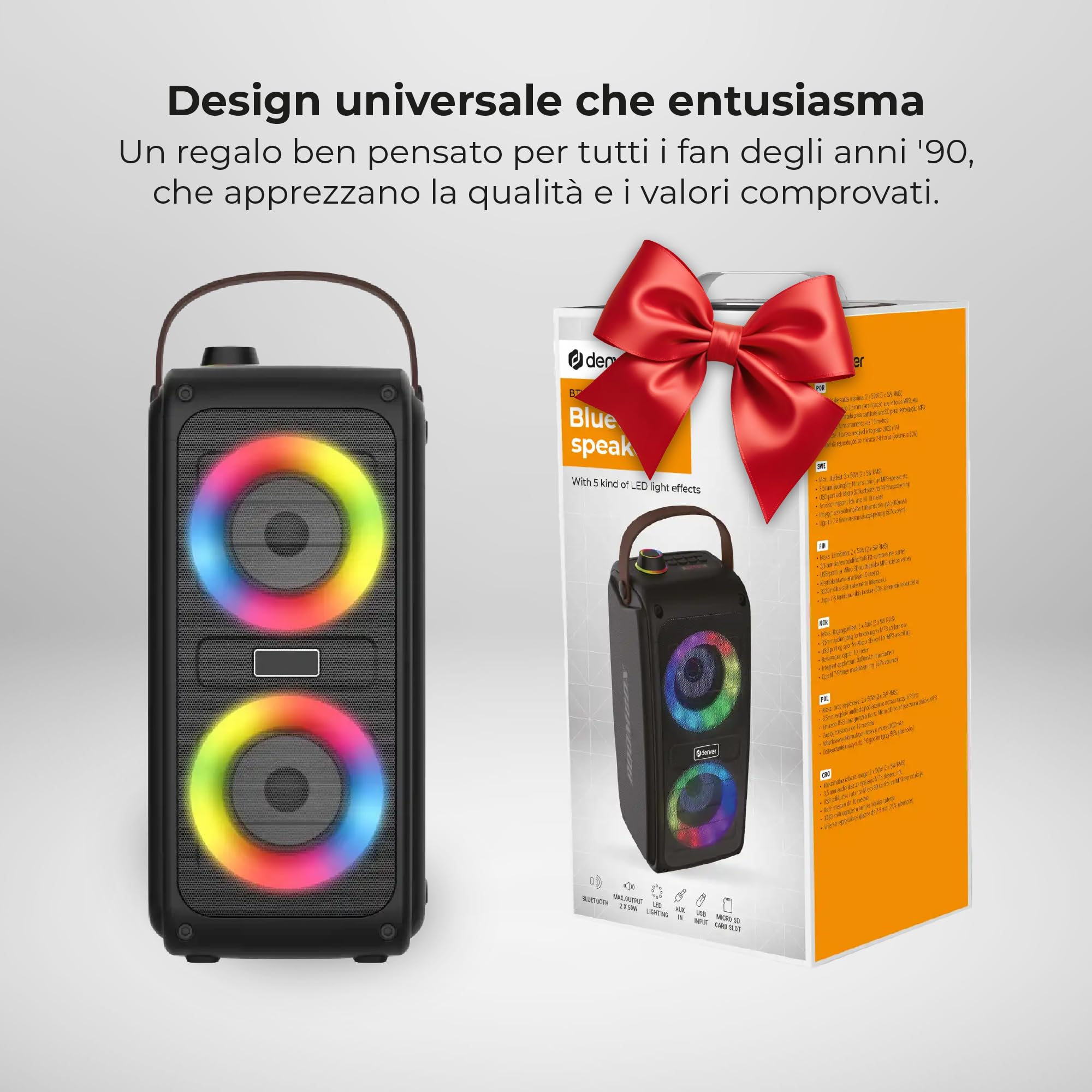 Denver BTV-230 – Cassa Bluetooth potente portatile con luci RGB, altoparlante Bluetooth 100W Max, USB/SD/AUX, 7h di autonomia, microfono integrato