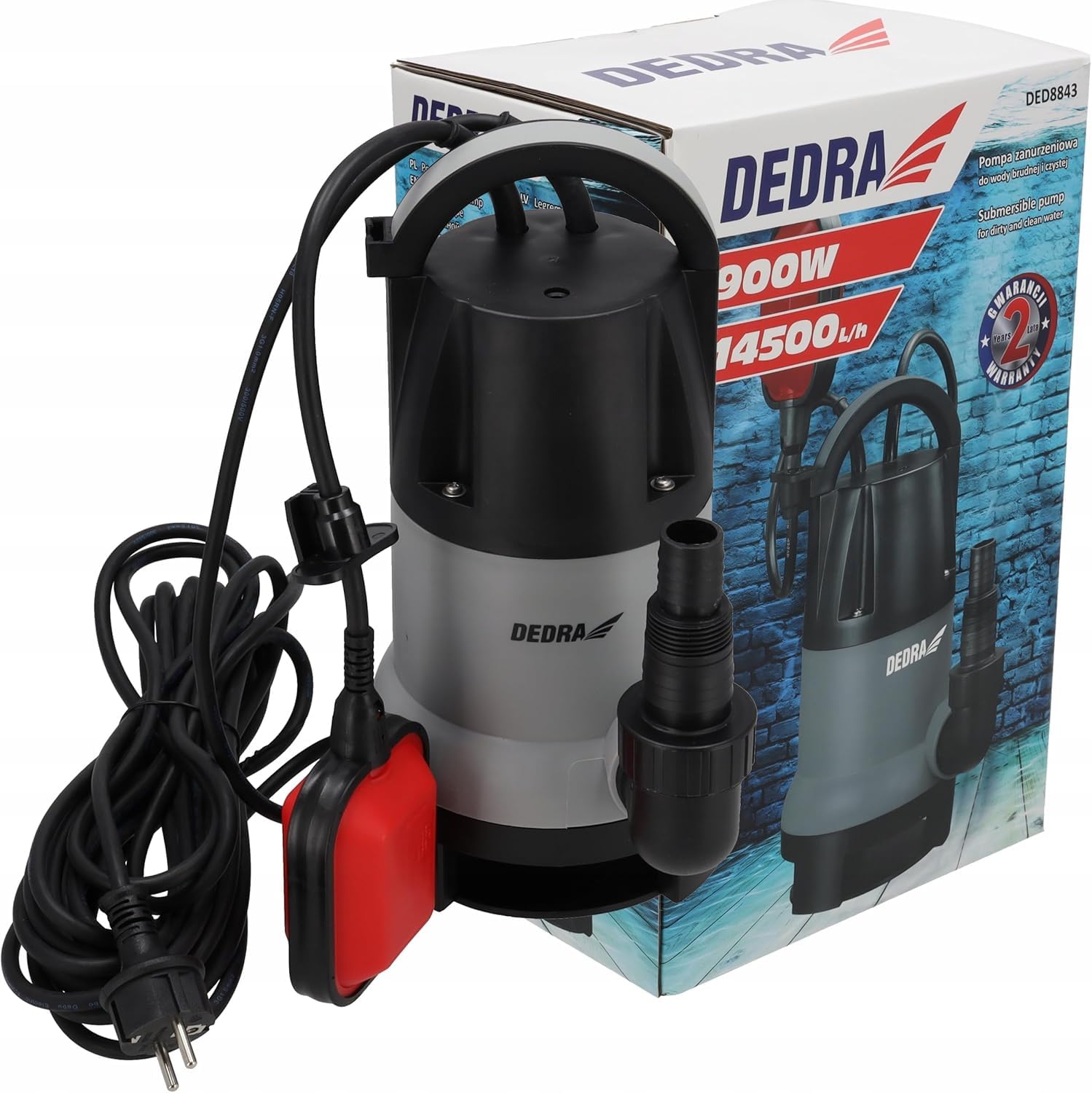 Pompa sommersa per acqua pulita e sporca Garden DEDRA DED8843 forte 900 W, turbina per 14500 giri/min, peso 5,4 kg, 10 cavi IPX8, profondità massima di immersione: 7 m