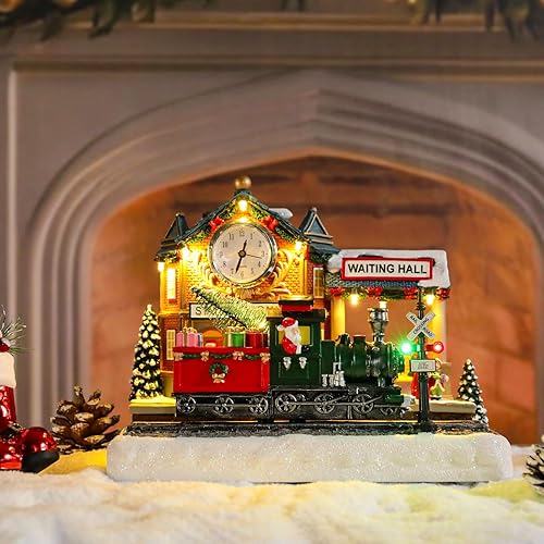 Miniatura 7 de Bdor Decoración de estación de tren de Navidad  Escena animada iluminada de pueblo navideño con tren, torre del reloj y sala de espera  Adorno de