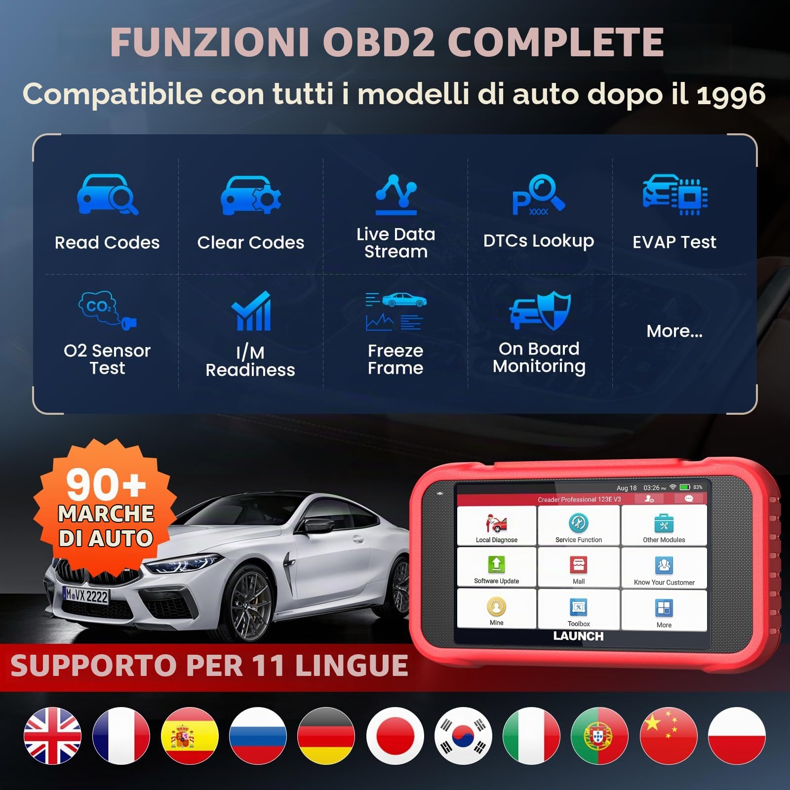 LAUNCH CRP123E V3.0 OBD2 Diagnosi Auto Italiano con 4 Sistemi ABS SRS Motore Trasmissione, 7 Reset EPB Dpf ABS BMS Olio SAS Acceleratore, Diagnostica Auto Professionale CANFD DOIP Aggiornamenti WiFi