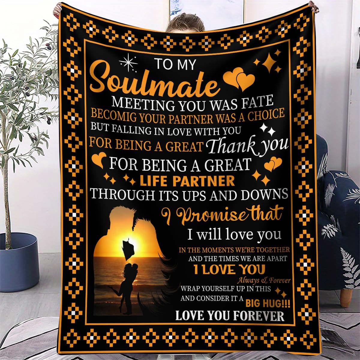 to My Soulmate Romantic Love Letter Throw Blanket Sunset Couple Silhouette Design Throw Long Distance Relationship Gift Thank You Partner Blanket Wedding Anniversary Present Big Hug 80x60 Inches