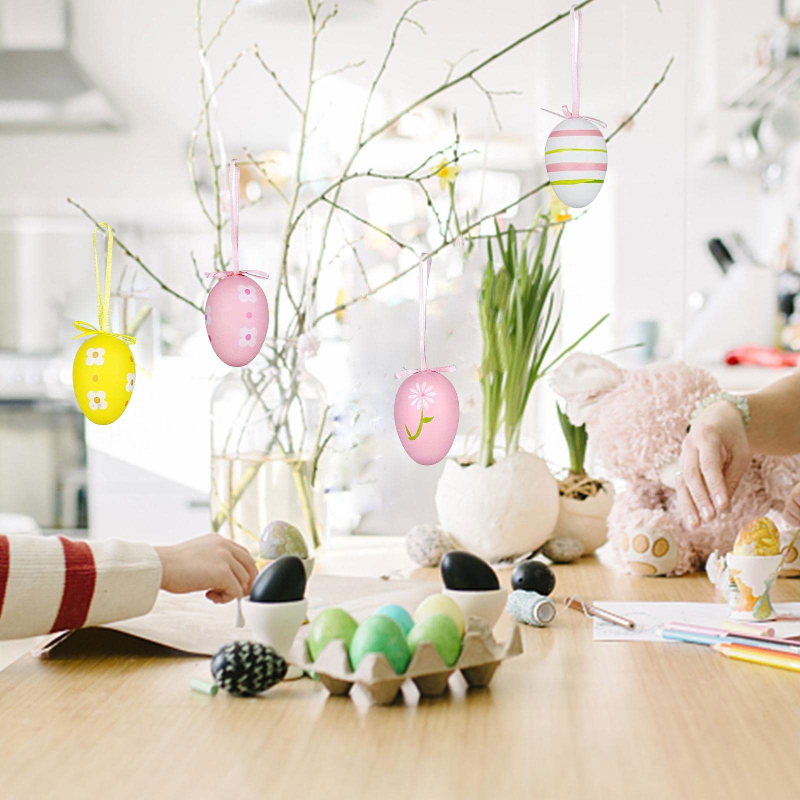 Paasdecoratie, 12 Stuks Paaseieren Om Op Te Hangen, Kleurrijke Plastic Paaseieren Van Kunststof Paasdecoratie Led Eieren Fonkelende Paaseieren Theelichtjes Decoratie Paaseieren