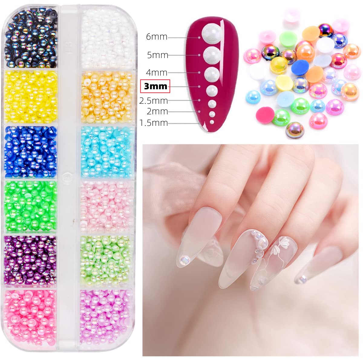 5 cajas de 7200 piezas de diamantes de imitación de cristal brillante, con parte trasera plana, gemas de sirena AB multicolor transparentes con bolígrafo recogedor y pinzas curvadas para salón de 7