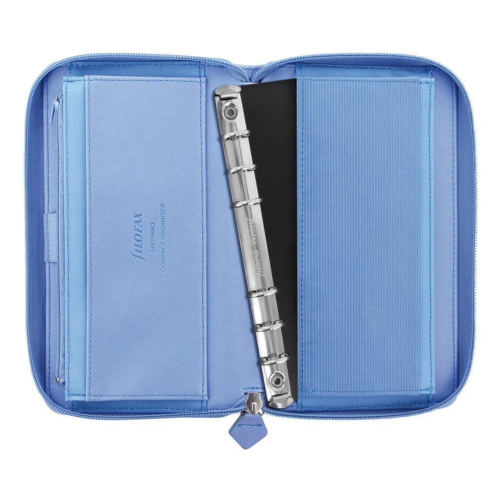 Filofax Agenda settimanale 202592-25 in saffiano con cerniera, formato compatto e personale, con vista settimanale, colore blu a grana incrociata, effetto pelle, 6 anelli
