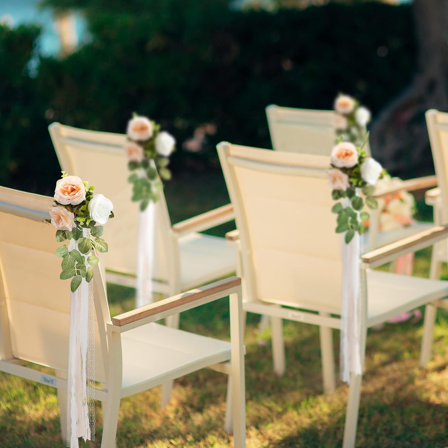 Giegxin 16 Pcs Wedding Aisle Decorations Pew Flower for Wedding Ceremony Aisle Chair Artificial Rose Chair Back Floral Decoration with Eucalyptus and Ribbons for Ceremony Church Party