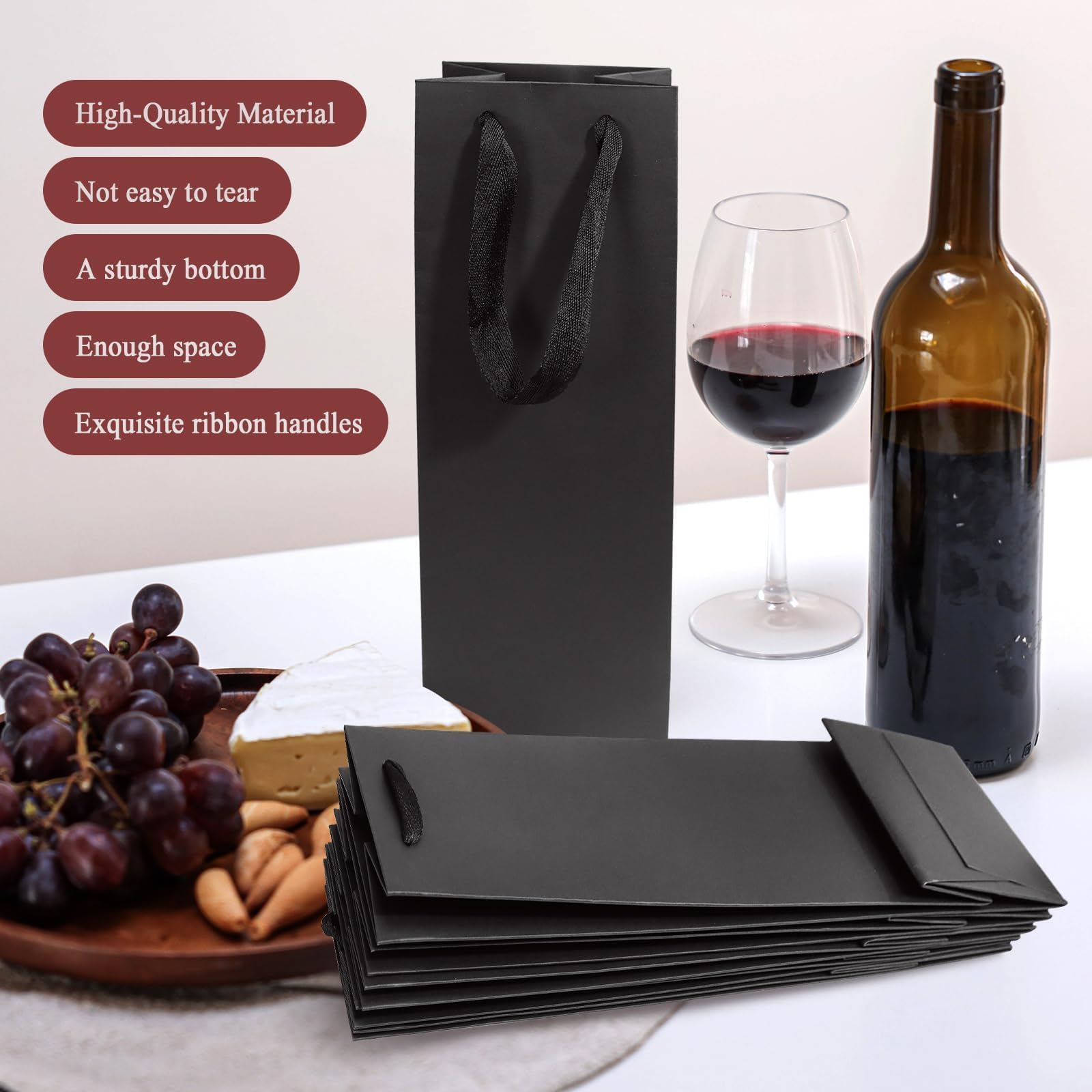 CZWESTC Lot de 20 sacs à vin en papier kraft avec poignées – Sacs noirs pour bouteille de vin pour cadeau, fête, vente au détail – 9,9 cm