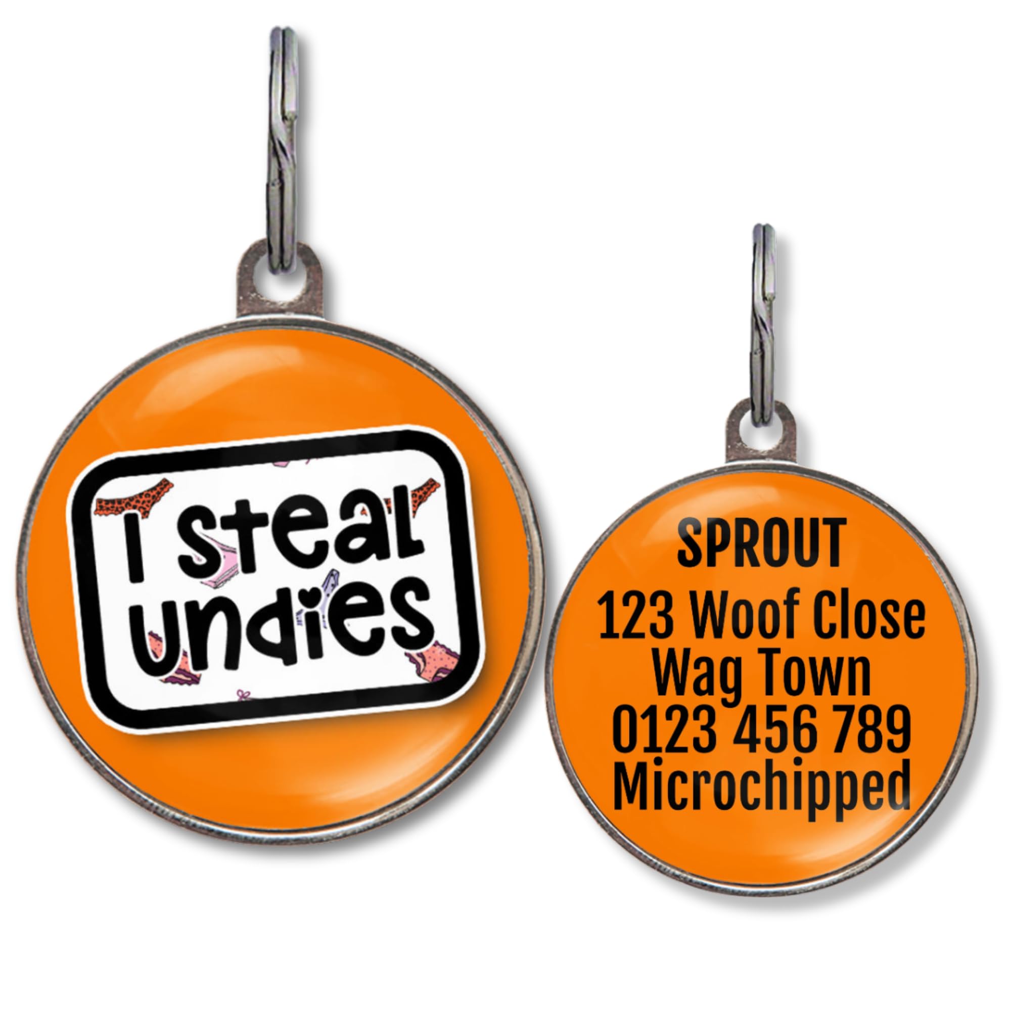 Dog Tags for Small Dogs – Personalised Small Pet Tags, 20+ Funny Sassy Designs, Lightweight Waterproof Pet ID Tag with Custom Back Info, 36 Colour Options (I Steal Undies) — image 1