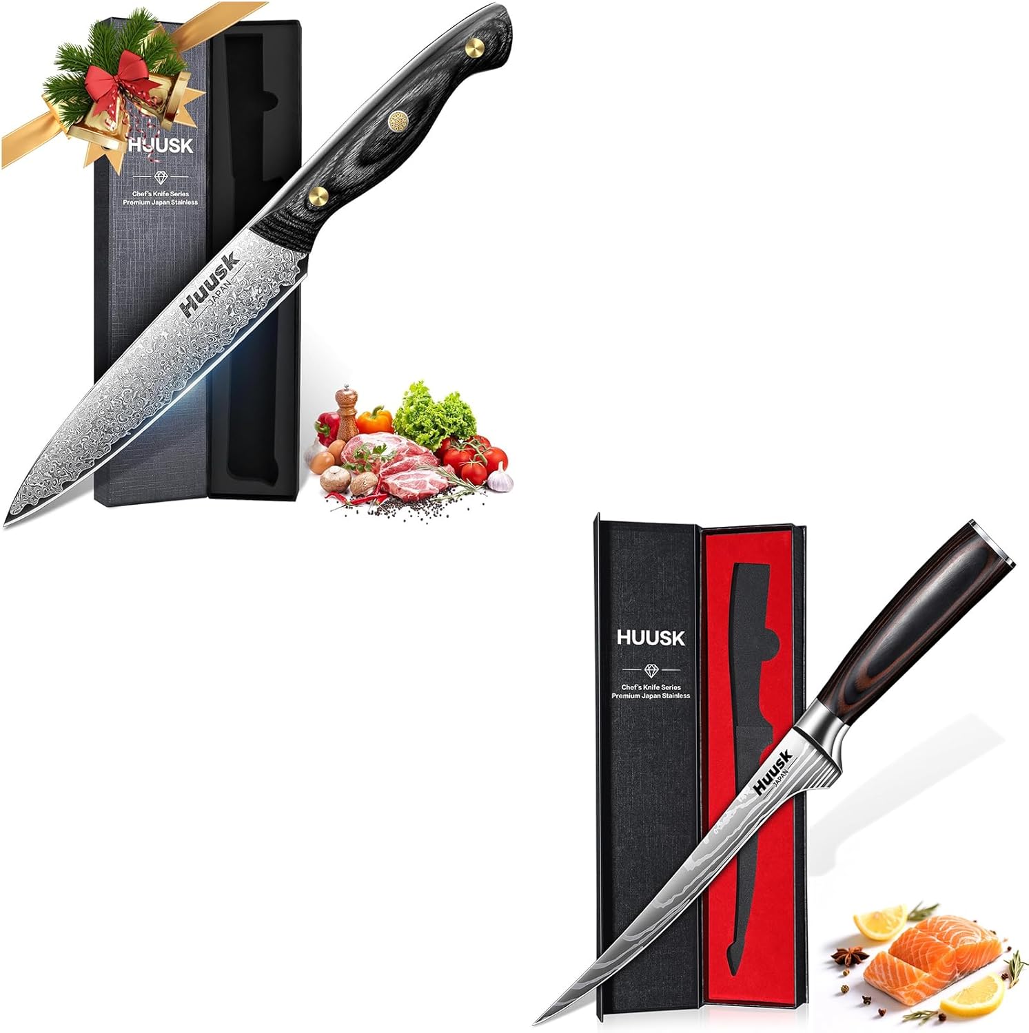 Huusk Filet Knife for Fish - 7 Inch Fish Fillet Knife Bundle with a Damascus Kitchen Utility Knife,Flexible Boning Knives for Meat Cutting, Professional Japanese Fishing Knives for Meat Poultry Cut
