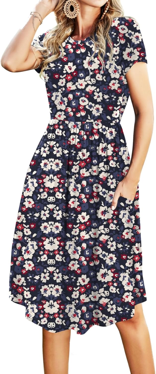 Simier Fariry Womens Summer Pocket Knee Length Teacher Casual Dress Knit Fit Flare Short Sleeve Midi Work Travel Outfits