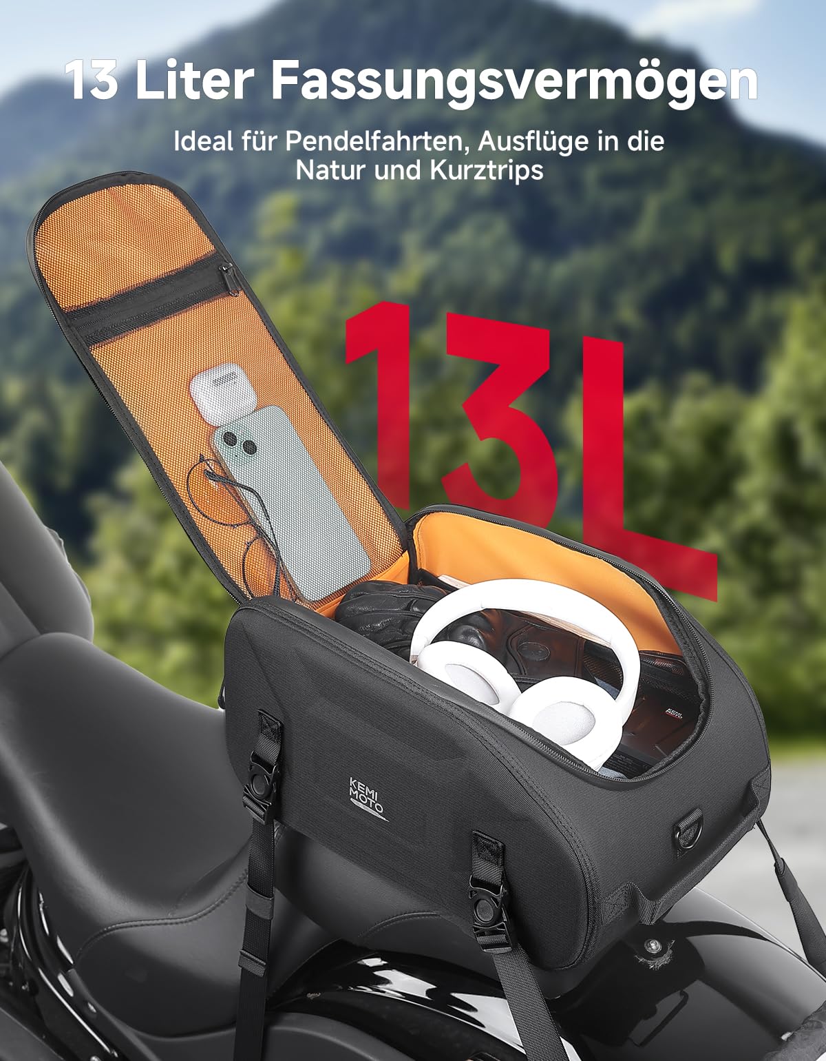 KEMIMOTO 13L Motorrad Hecktasche Wasserdicht, Multifunktional Motorradtasche, 3-in-1 Gepäckträgertasche mit Regenhülle, Eva Hecktasche Hinterradtasche für Radfahren