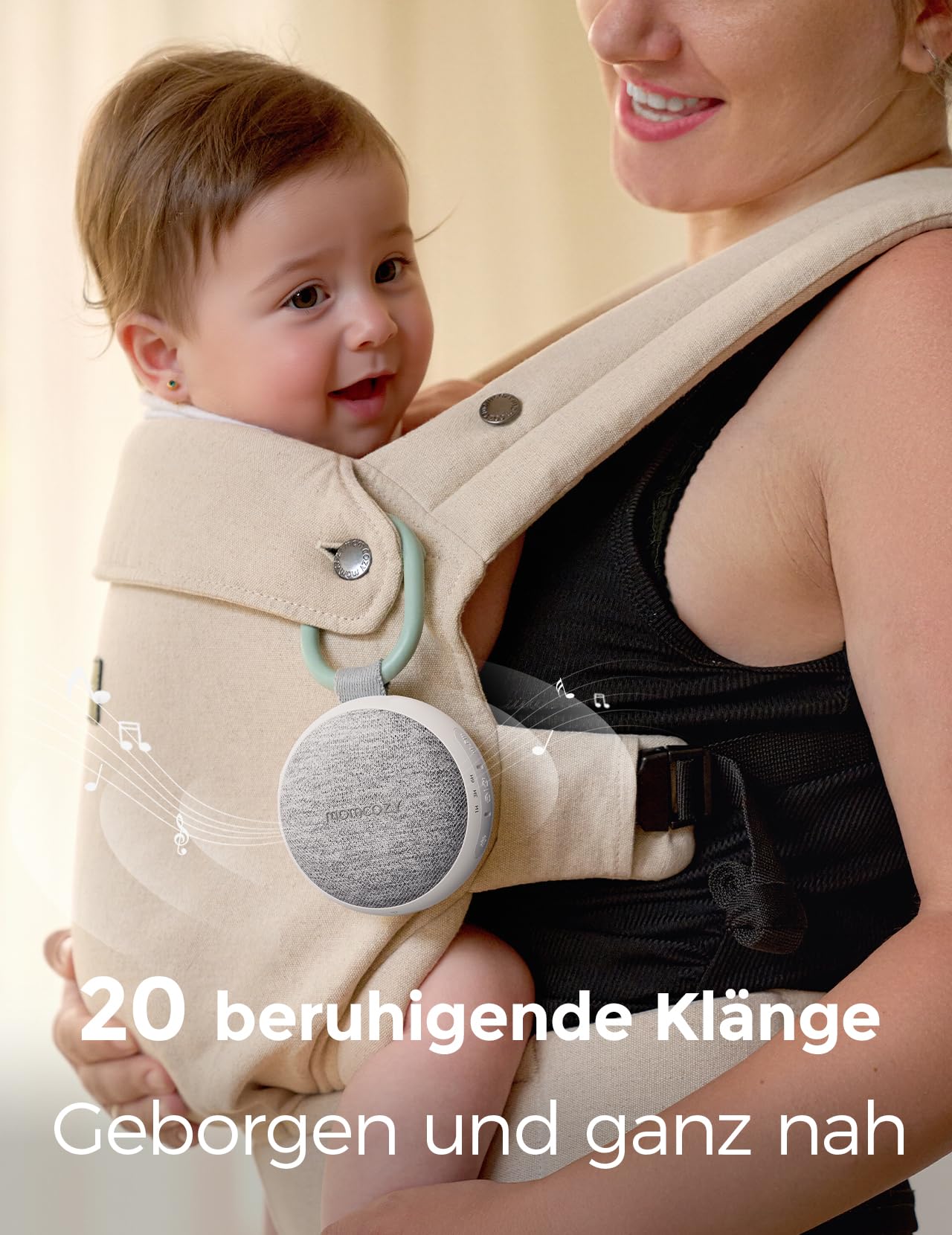 Momcozy Tragbare Soundmaschine mit Nachtlicht, weißes Rauschen Soundmaschine für Baby, 20 beruhigende Geräusche, Klangtherapie, langlebige Leistung, Timer, Clips am Kinderwagen, Babyparty-Geschenke