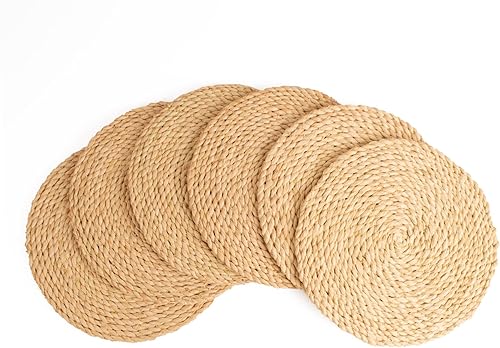 KAZI Essentials - Juego de 6 manteles individuales redondos de rafia de mimbre natural, trenzados, resistentes al calor, tejido antideslizante,