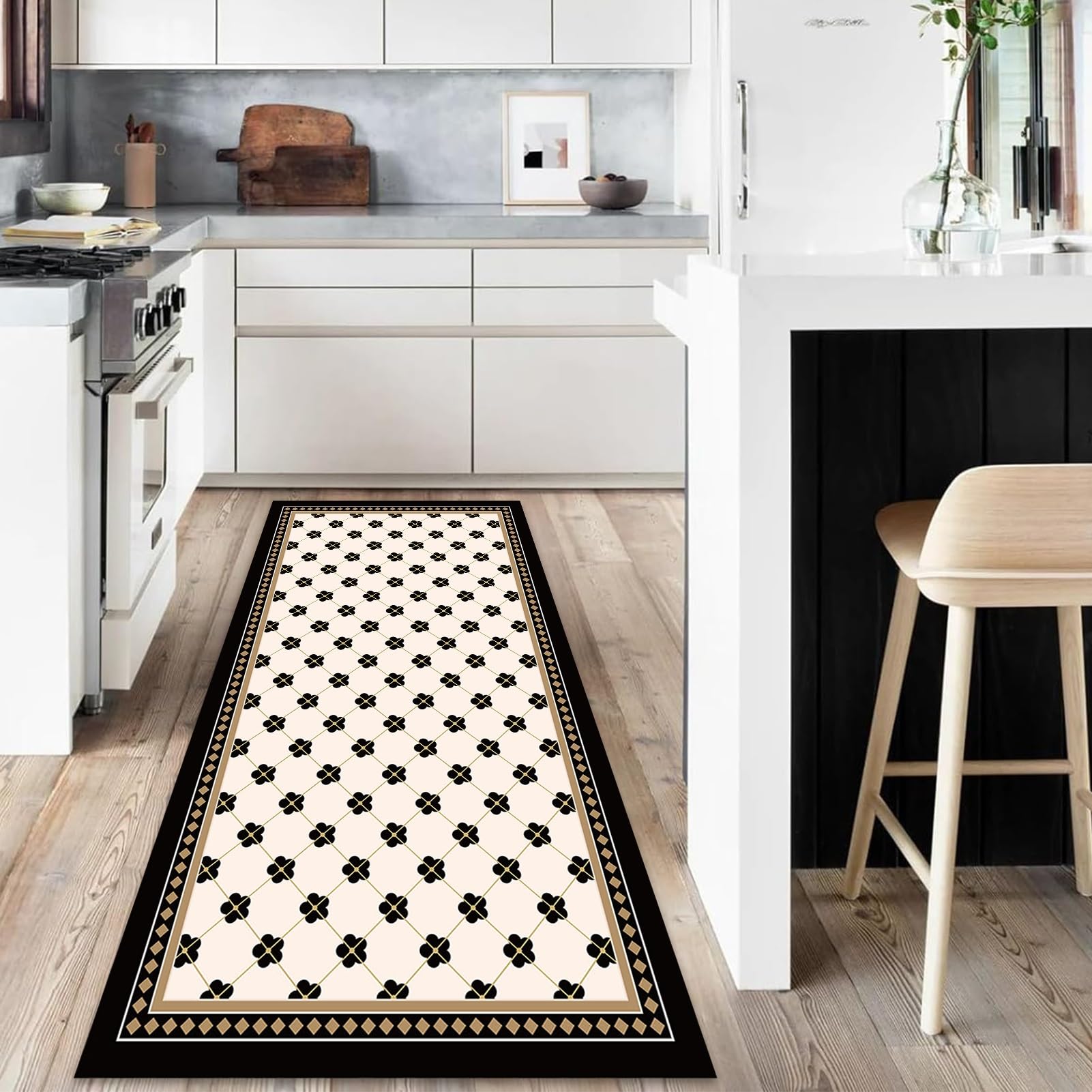 Tappeto moderno con bordo nero, per corridoio, con retro in gomma antiscivolo, per ingresso, soggiorno, camera da letto, corridoio, tappetino lavabile (80 x 300 cm)