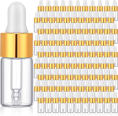 Bokon 100 botellas de cristal con gotero de aceite esencial, frascos de muestra vacíos con tapa negra, pequeños frascos de almacenamiento con