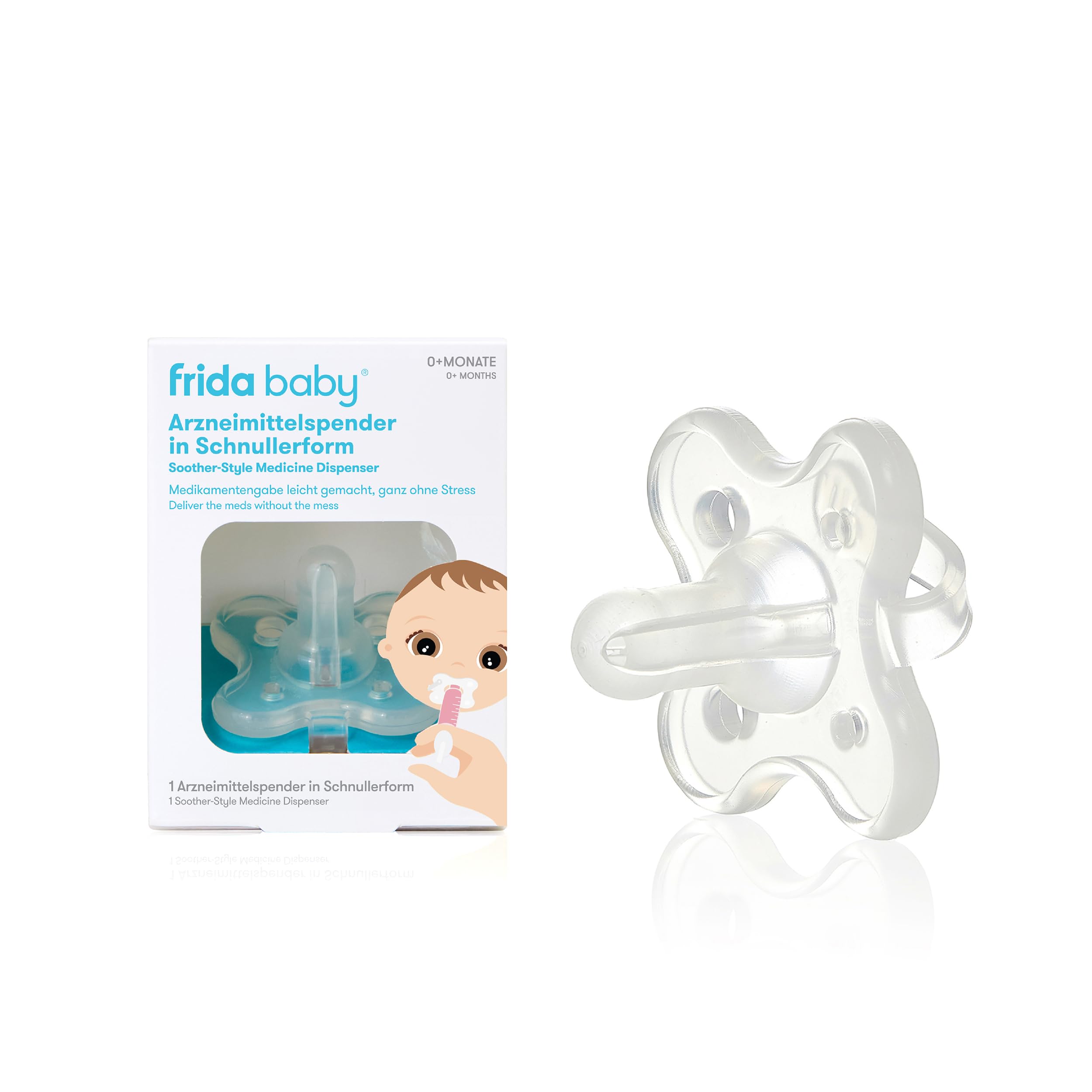 Frida Baby Medi Schnuller | Medizinspender für Babys in Schnullerform | Stressfreie Medikamentengabe & genaue Dosierung | 2-in-1 Design | Kompatibel mit gängigen oralen Spritzen