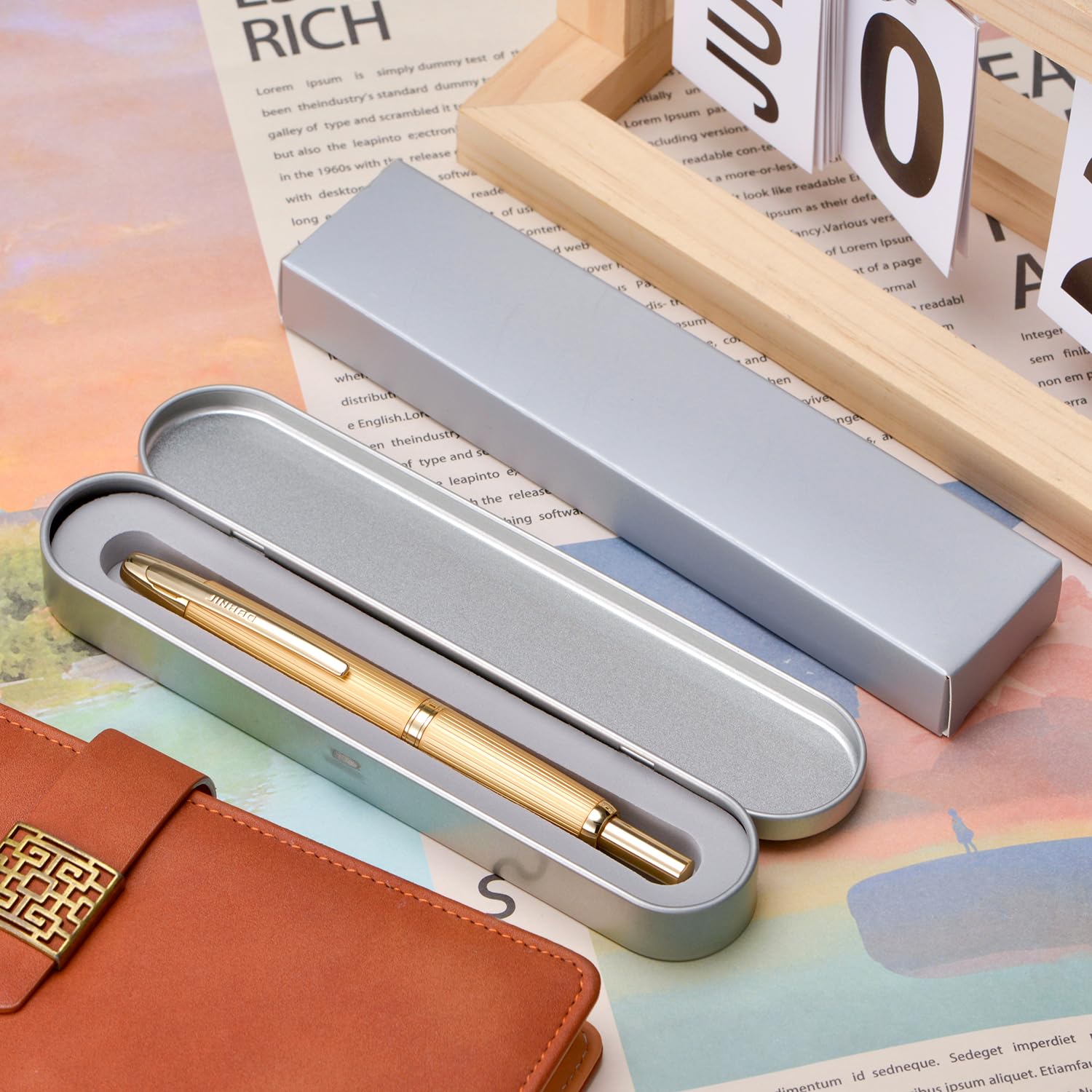 Jinhao 10 Series Press Fountain Pen Brushed Matt Gold Retractable Extra Fine Nib with Ink Converter and Metal Pen Box Set (Golden Clip Version) - Image 2