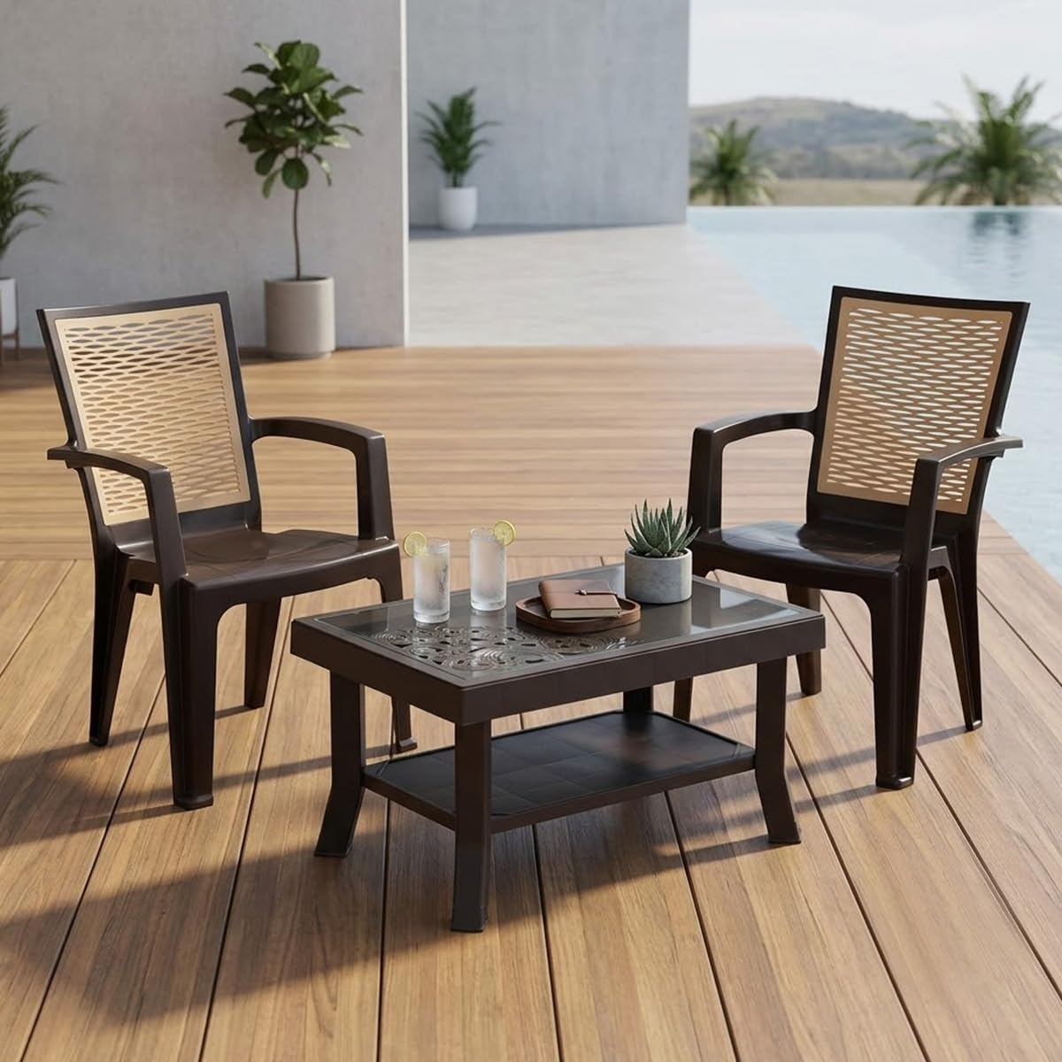 Nilkamal CHR2226 Chair and Glass Top Coffee Table Set | 2 Chairs and 1 Table | Plastic Furniture Set for Indoor and Outdoor, Balcony, Garden, Patio| Season Rust Brown/Biscuit and Weather Brown-image-9