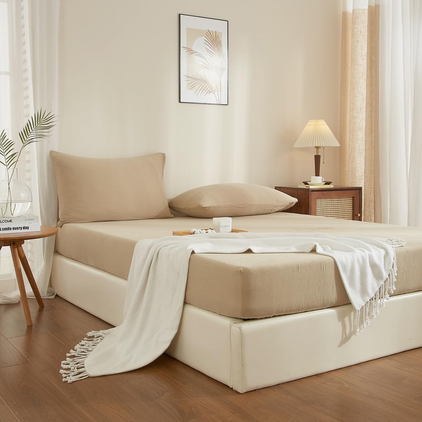 Boqingzhu Sábana bajera ajustable de algodón de muselina, 90 x 200 cm, color beige, caqui, marrón, transpirable, suave y agradable para la piel, para colchón de hasta 30 cm