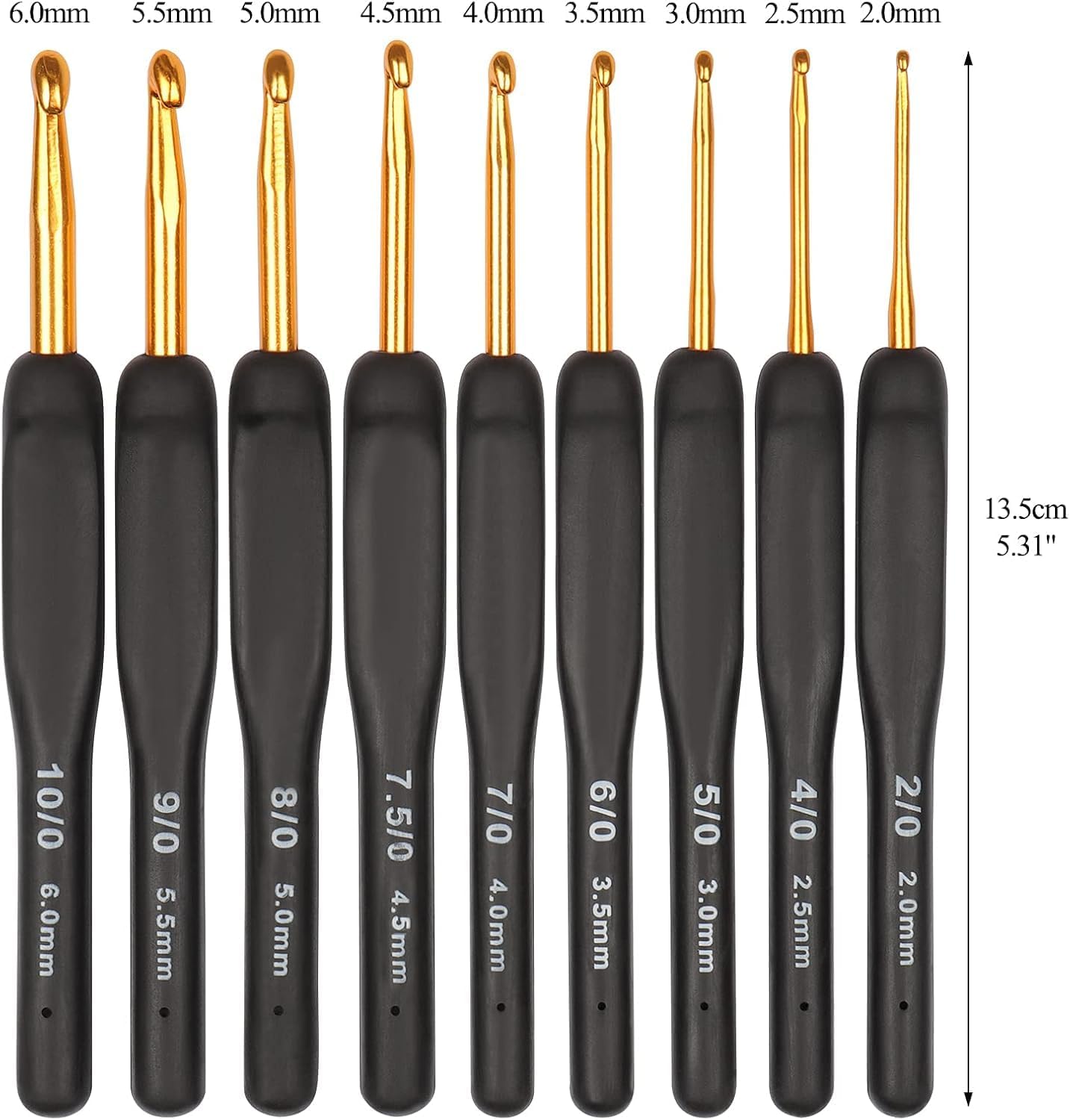 VIRADHAM Crochet Hooks Set of 9 (2.0–6.0mm), Aluminum Crochet Needles with Soft Ergonomic Rubber Handles, Comfortable Grip Crochet Kit with Stitch Markers for Arthritic Hands, Beginners & Professionals – Gold/Black (Gold Crochet Hook) 4