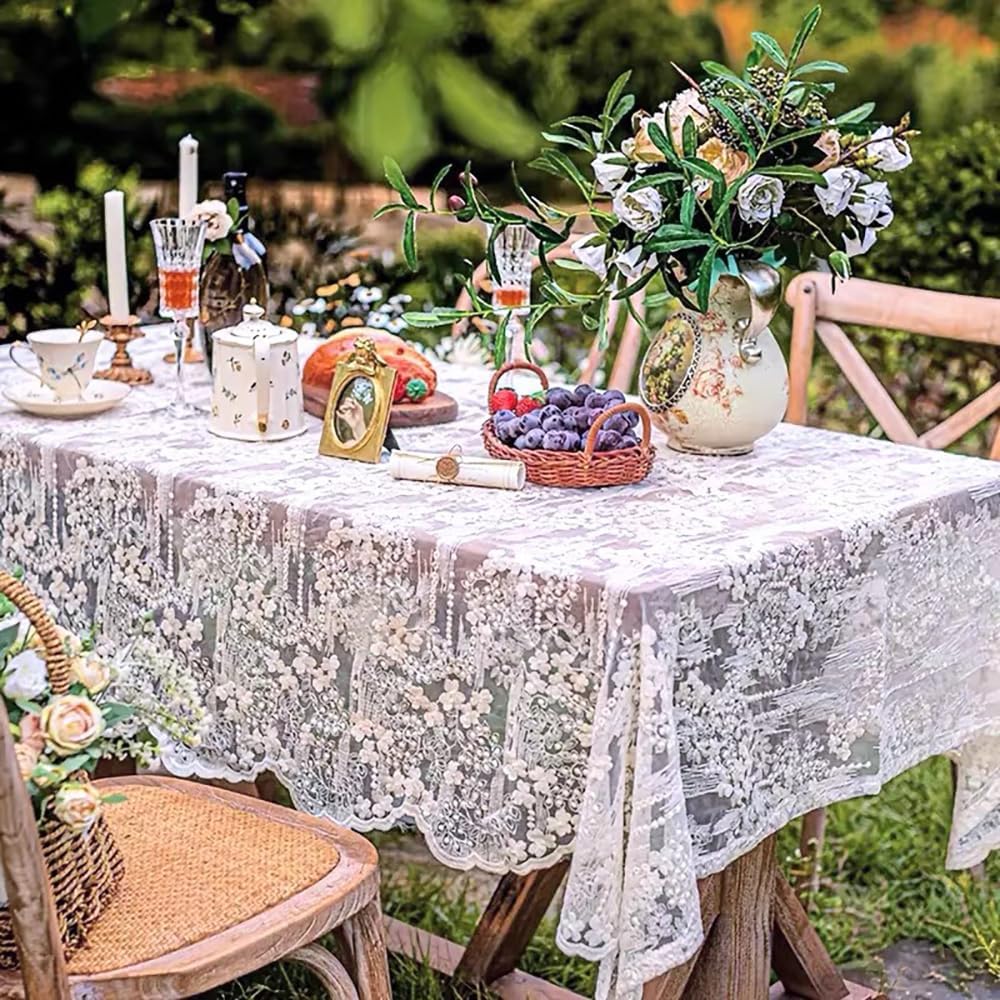 French Embroidery Lace Tablecloth - Round/Rectangular/Square Options for Coffee Tables, Vintage White Lace Table Cover for Kitchen, Dining Room, Party, Banquet, Wedding, Picnic, Home Decor（90*53in）