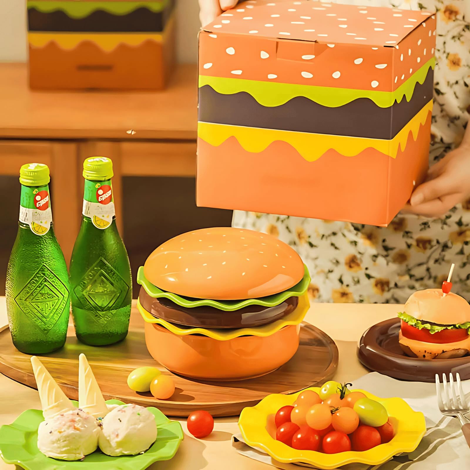 Keramik-Hamburger-Teller und -Schüssel-Sets, 5-teiliges stapelbares Burger-Geschirr-Set, lustiges und niedliches Weihnachtsgeschenk für Kinder und Erwachsene