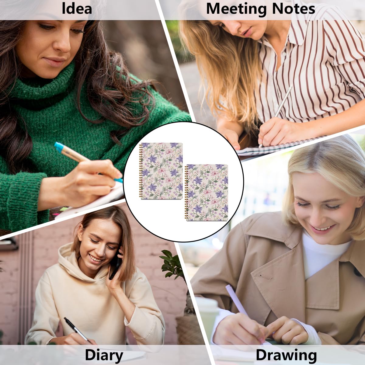 2 quaderni a spirale viola floreale da donna, con copertina rigida, diario di viaggio a righe universitarie, diario di viaggio per scrivere appunti, bohémien, viola, rosa, regalo per donne, 21,1 x