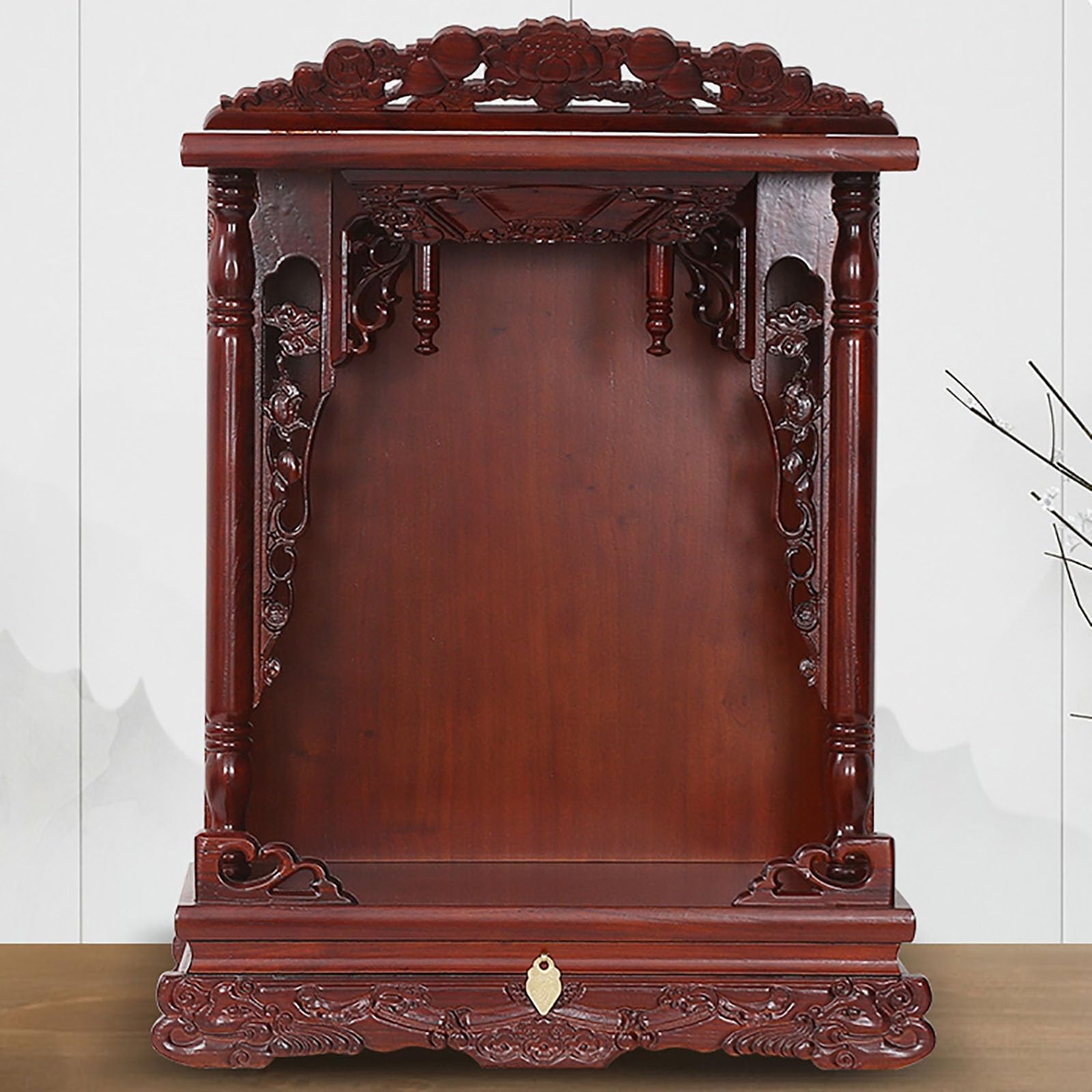 Espace de prière Bouddhiste mural avec table d'offrandes chinoise en bois 65cm