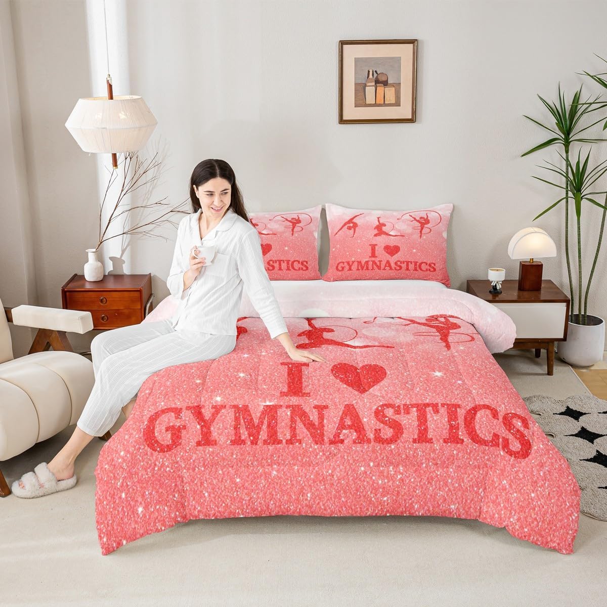 Castle Fairy Gymnast Silhouette Bedding Set Queen Size 3 Pcs,Gorgeous Dancer Gymnastics Theme Comforter Set for Kids Girls Teens Women,Gradient Red Glitter Print Down Comforter with 2 Pillowcases