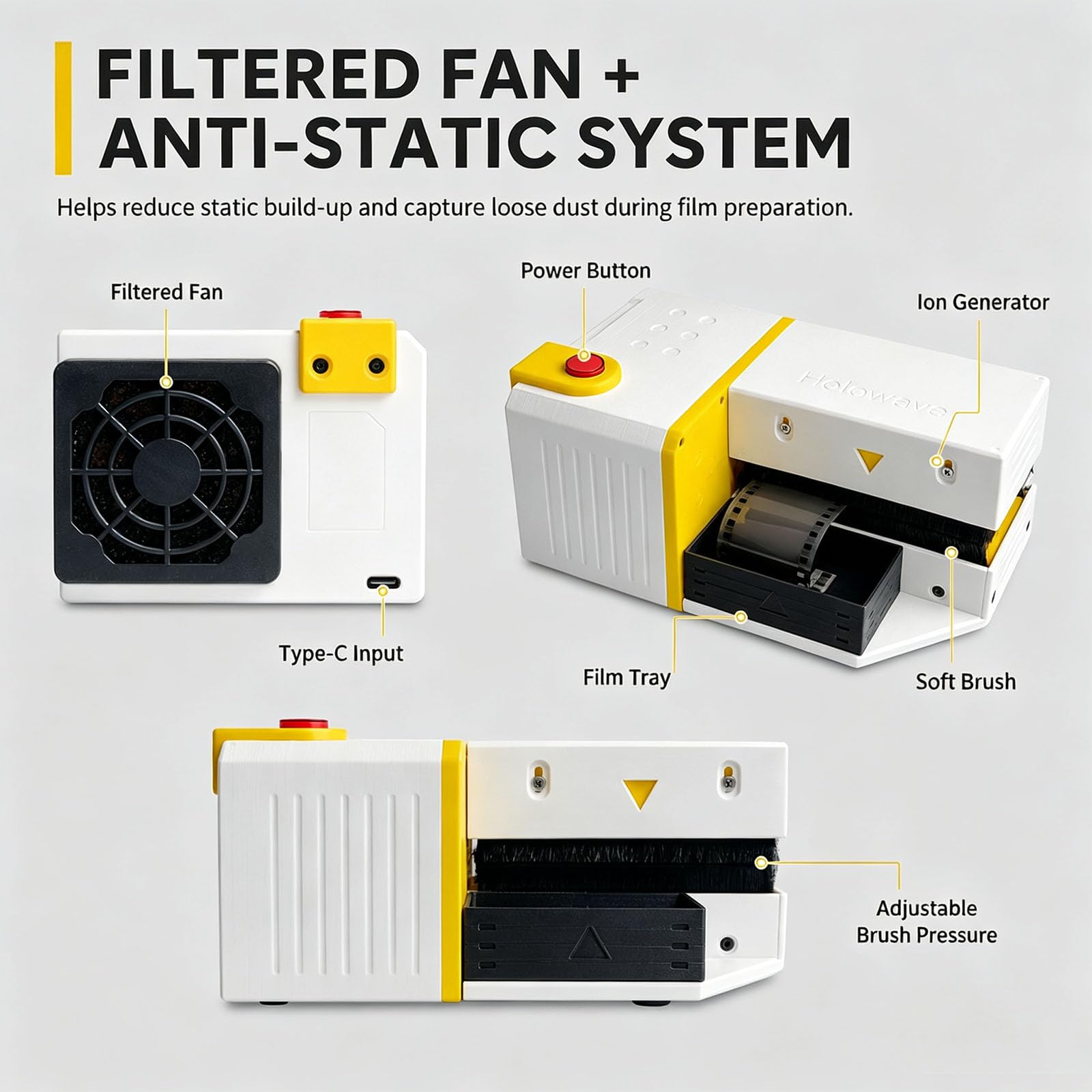 Antistatischer Elektrostatischer Filmreiniger, Antistatische Filmstaubentfernungsbürste Für 135/120-filme, 90 Mm Verstellbare Bürste Aus Reiner Wolle, Mit Filterlüfter, Zum Scannen Reinigen
