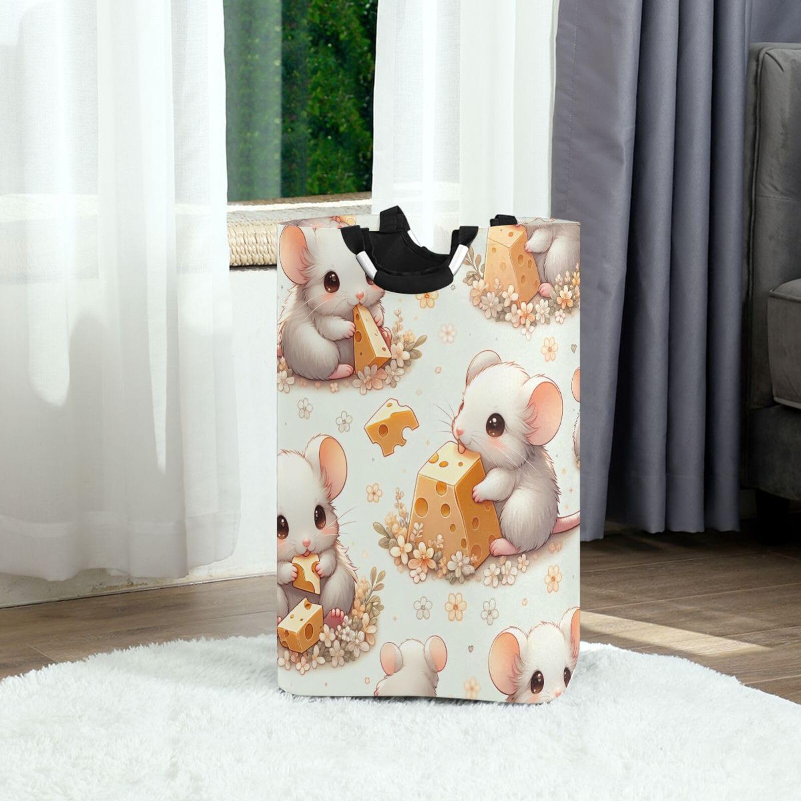 Jihqo Laundry Hamper Basket Cute Mice Eatinh Cheese Collapsible Nursery Storage Bin Waterproof Clothing Baskets for Home Bedroom Bathroom Washing Room