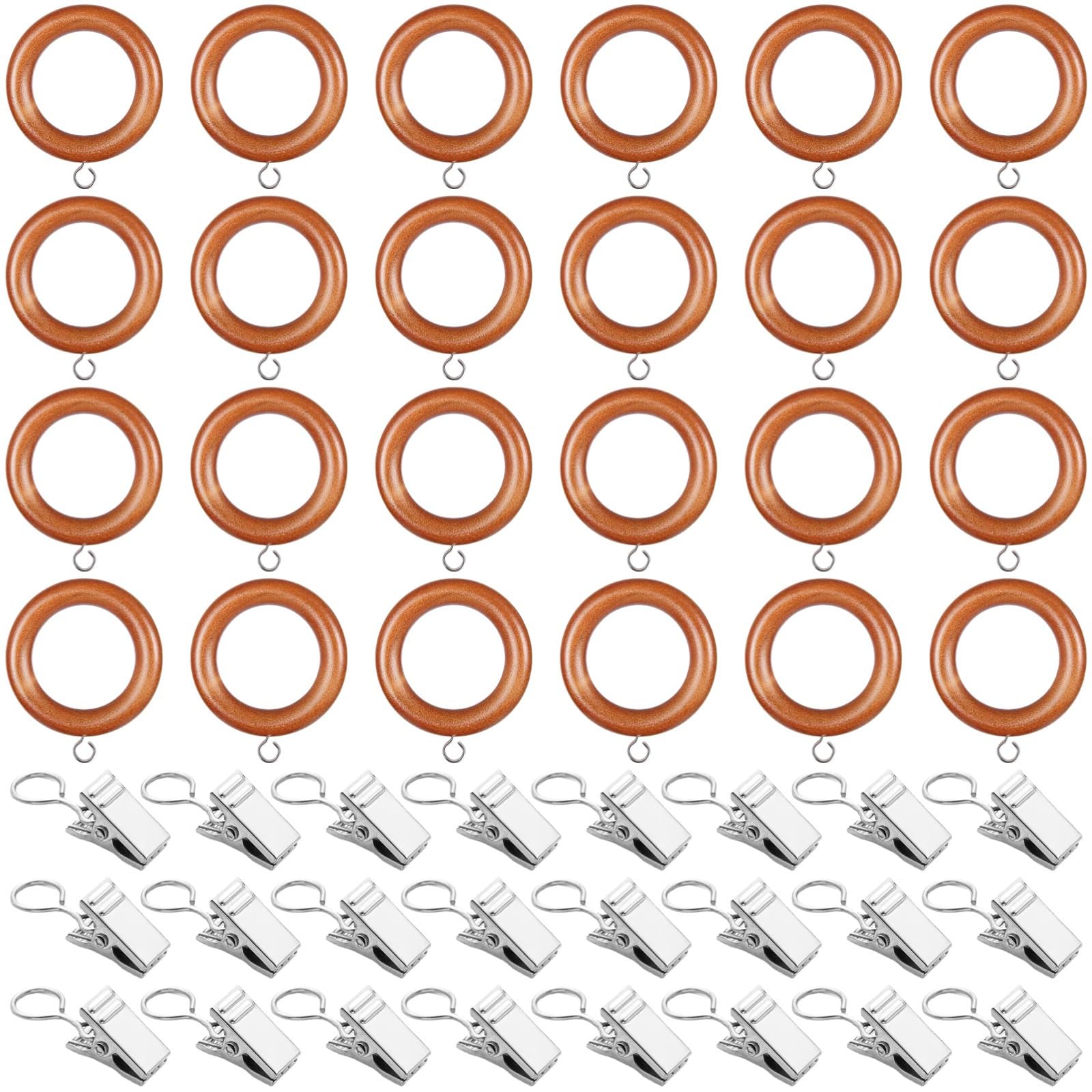 Vorhangringe mit Clips, 4,5 cm Innendurchmesser, Holz-Vorhangringe für Gardinenstangen, 24 Teak-Ringe mit Haken und 24 silberfarbene Clips, 48 Stück