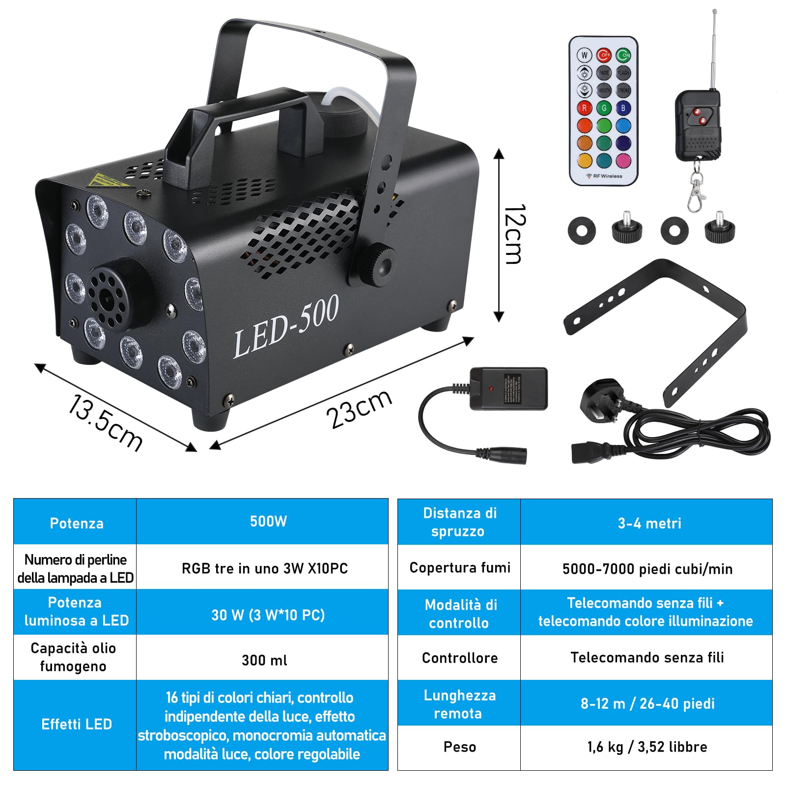 Macchina del Fumo 500W, Automatica, Telecomando Wireless, Portatile, 13 Colori LED RGB per Halloween