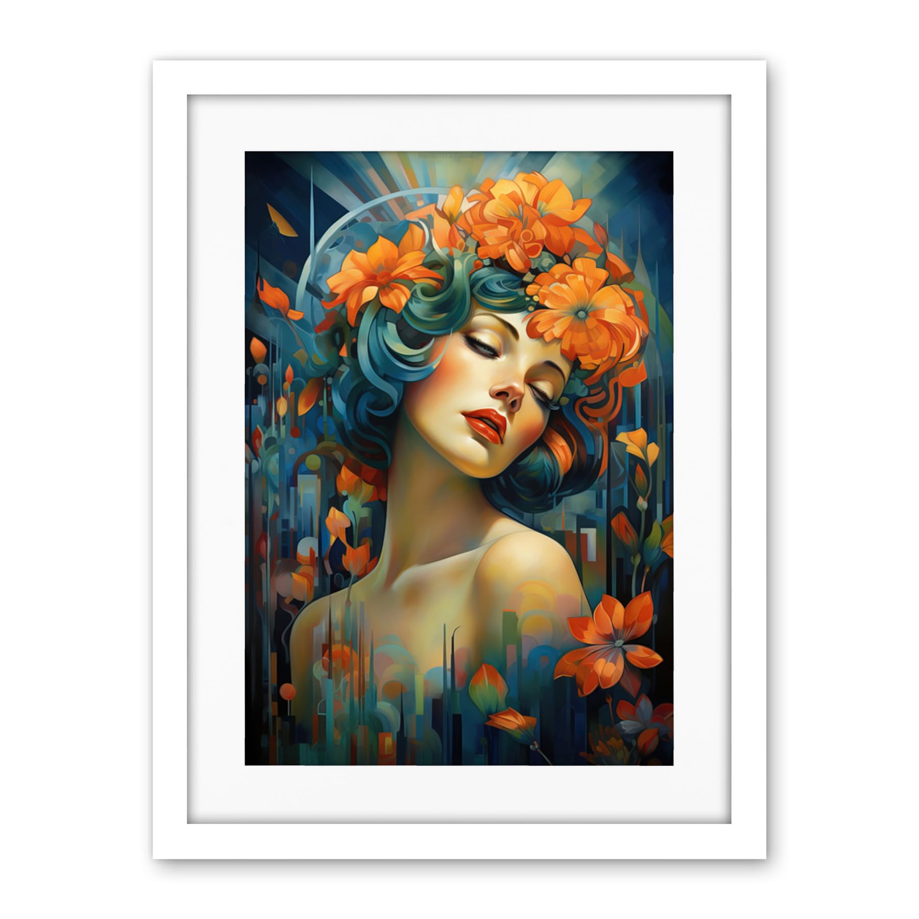 Artery8 Woman Portrait with Flowers Modern Art Deco Vibrant Artwork Orange Blue Floral Headband Artwork Framed Wall Art Print 18X24 Inch