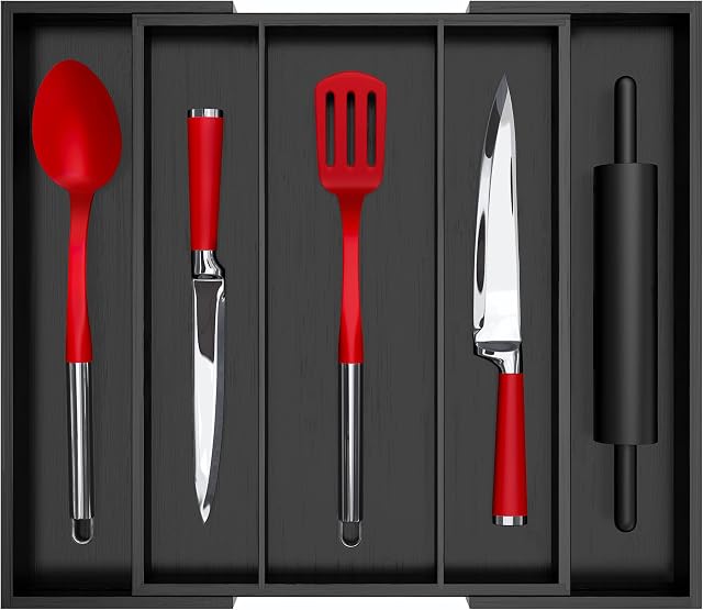 ROYAL CRAFT WOOD Luxury Bamboo Kitchen Drawer Organizer - Expandable Utensil Organizer for Drawer - Utensil and Silverware Holder and Cutlery Tray (Black, 19.6" x17")