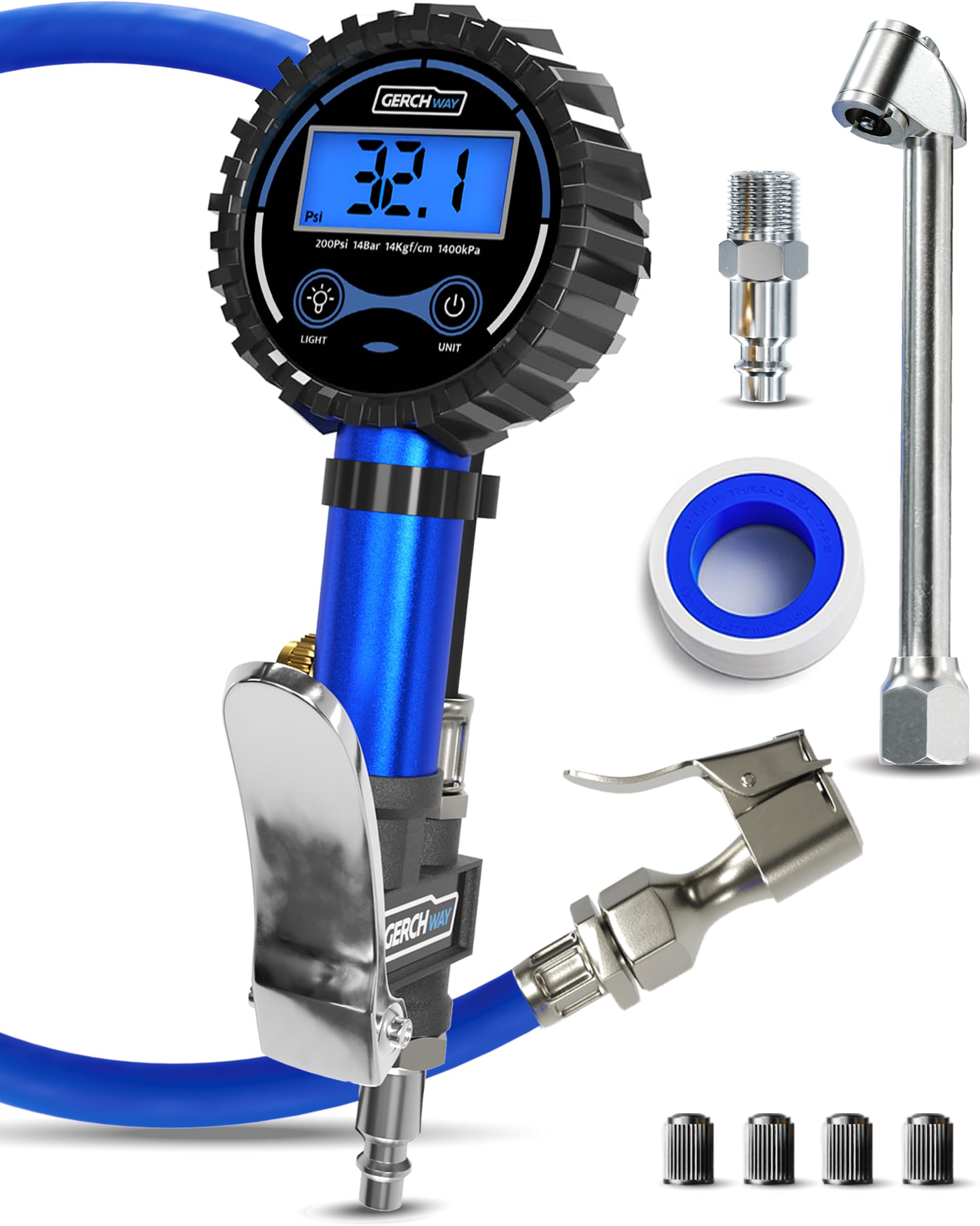 Digital Tire Pressure Gauge with Inflator, Improved Leaks Protection, 200PSI Air Chuck with Pressure Gauge and Air Compressor Accessories, Extended Hose with 360° Air Chuck Quick Connect (Blue)