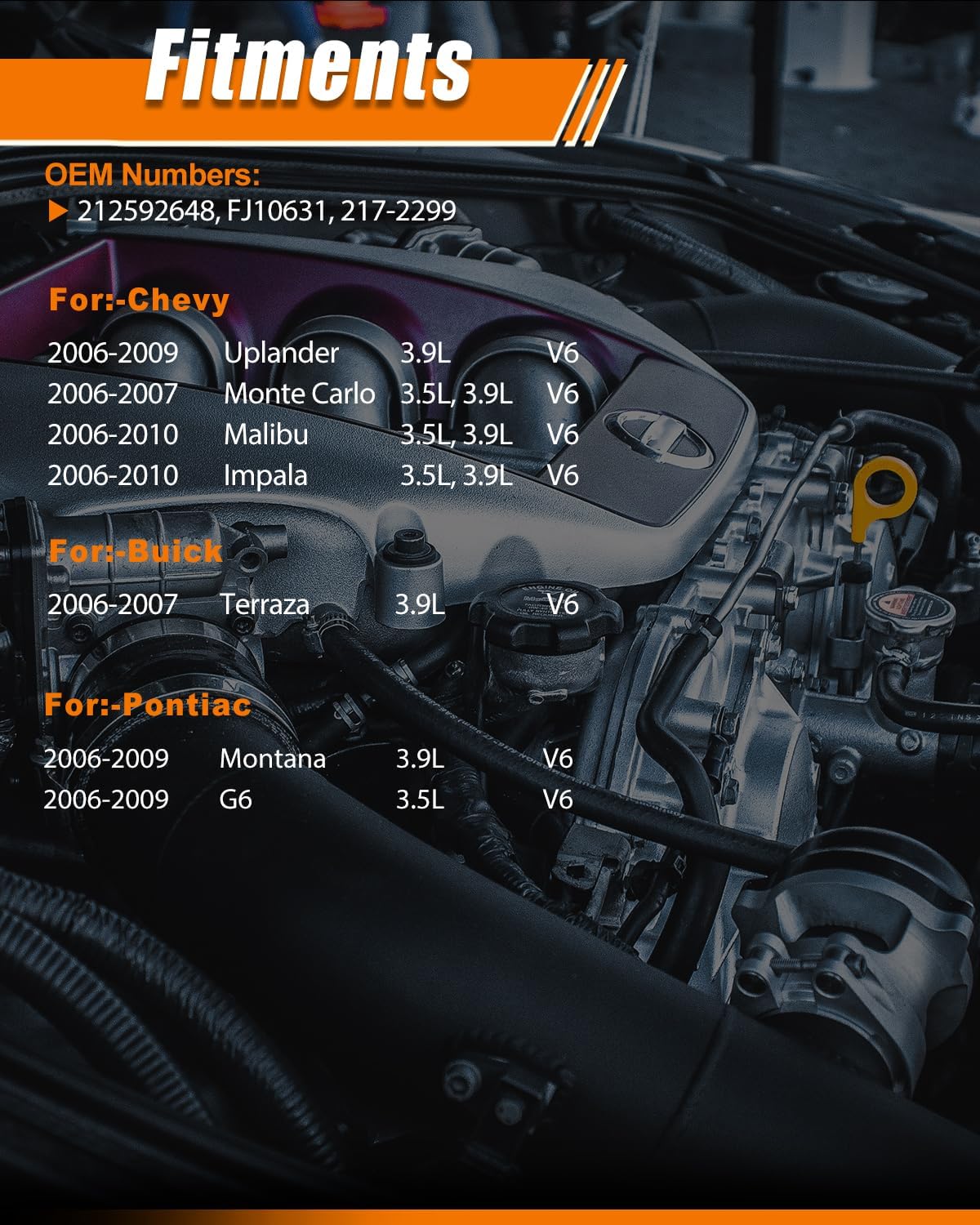 12592648 Fuel Injectors Fits For:-Chevy Malibu Impala 2006-2010, Uplander 2006-2009 For:-Pontiac Montana G6 2006-2009, For:-Buick Terraza 2006-2007 3.5L 3.9L Replace FJ1063 217-2299 (6 Pack)