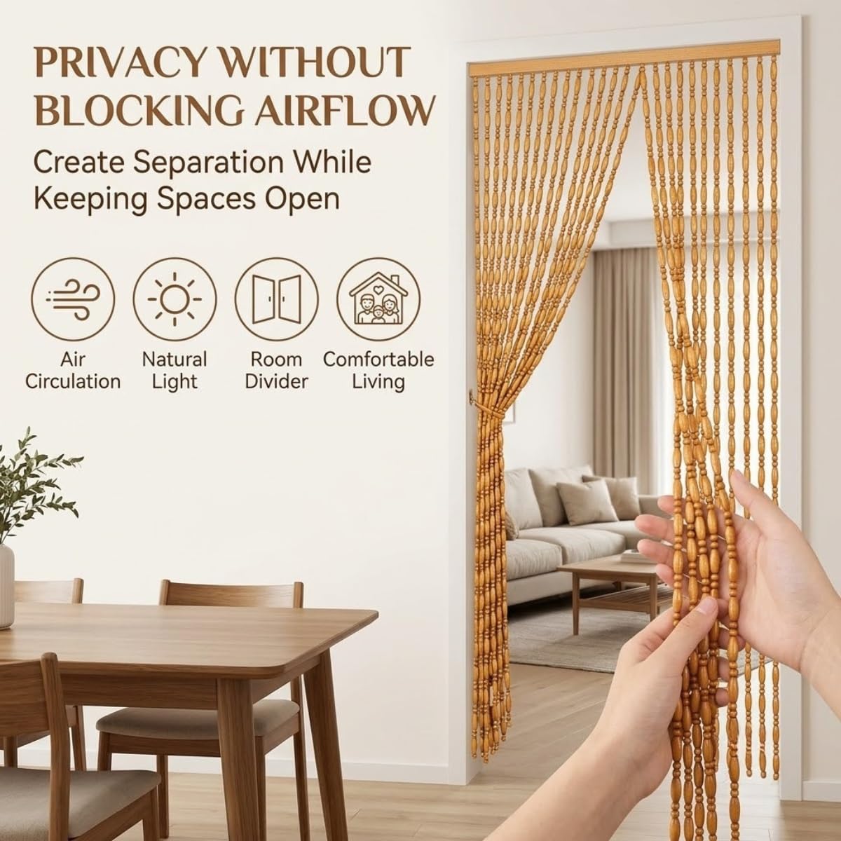 Rideau de Porte en Perles de Bois Naturel, Séparateur d’espace Décoratif Pour Studio et Petit Appartement, Crée de L’intimité Sans Bloquer La Lumière Ni L’air, Solution(Dark Red,100x210cm)