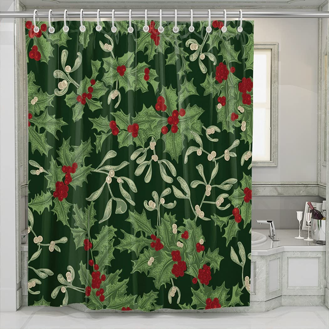 TBUFYU Shower Curtain with Hook Christmas and New Year Holly and Mistletoe Vintage with Plant 72x78 Inch Extra Long Size Bathroom Waterproof