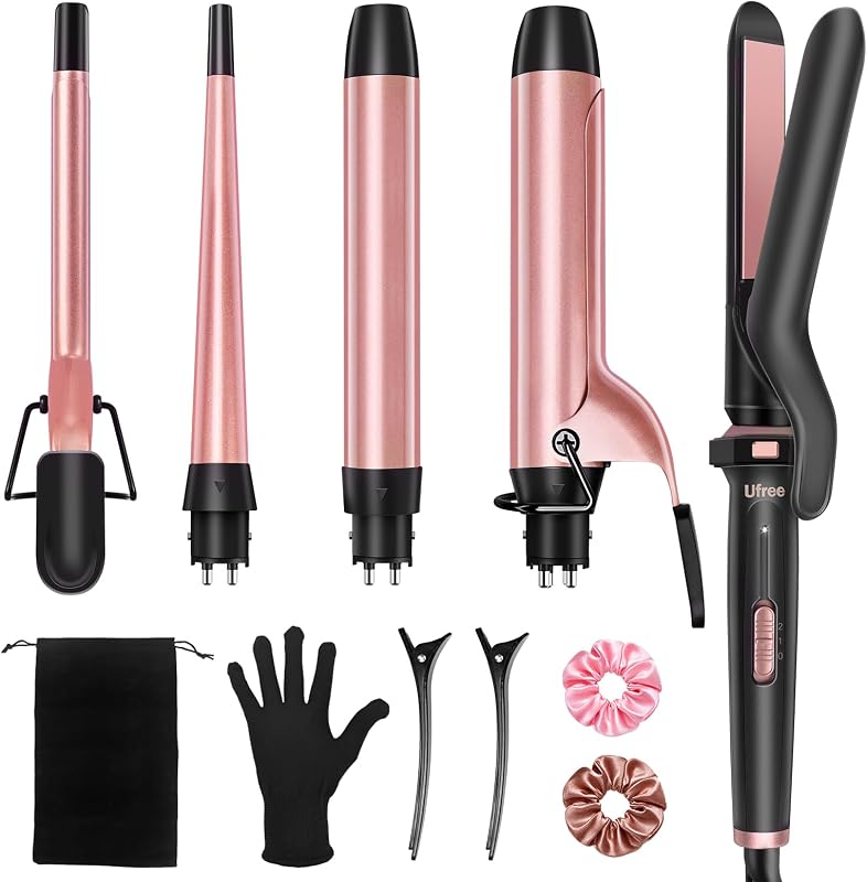 Ufree rizador 5 en 1 con barriles de cerámica intercambiables (0,35"-1,25"), juego de varita rizadora con alisador de pelo de hierro plano, calentamiento instantáneo, rizador de pelo de doble voltaje, regalos para mujeres | 5 barriles intercambiables (0,35"-1,25"), revestimiento cerámico, calentamiento de 30 s, ajustes de 356-410 °F, voltaje dual