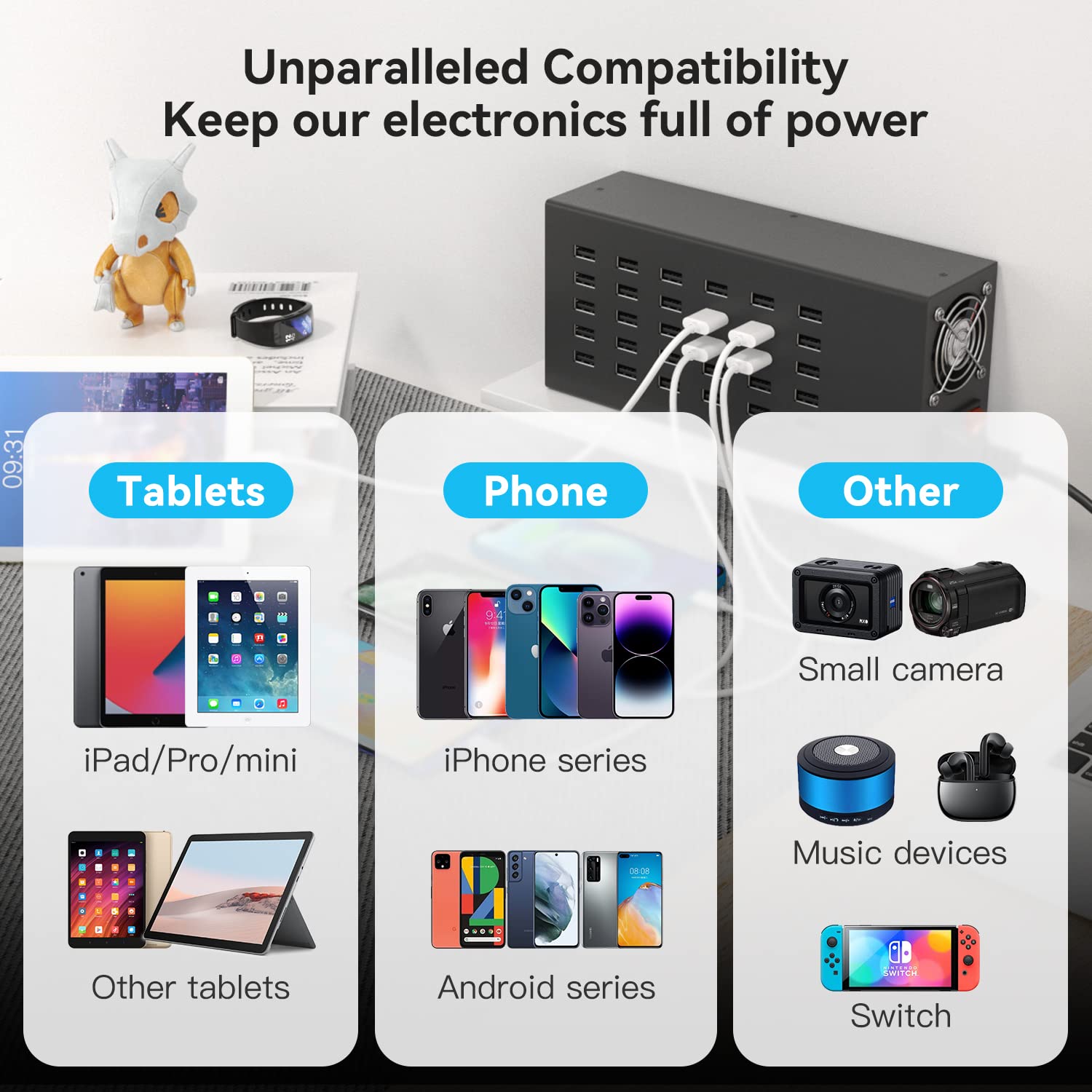 Stazione di ricarica USB, Skazeke Hub di ricarica da tavolo a 10 porte 200W/20A,uscita 4,5V/3,6A,5 V/3,4A,9 V/2,5A, 2V/2A Ricarica per dispositivi Apple, smartphone, tablet e altri dispositivi