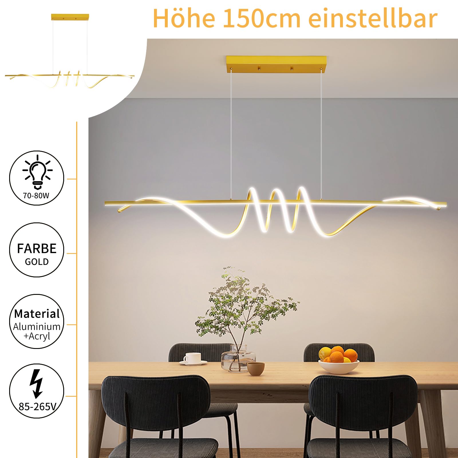 Mikeru Ampoule Spirale Dorée De 150cm, Lumières Pour Table De Billard 3000K/4500K/6500K, 10% à 100% Dimmable, Lampes à Suspension Réglables En Hauteur LED Modernes Avec Fonction De Mémoire