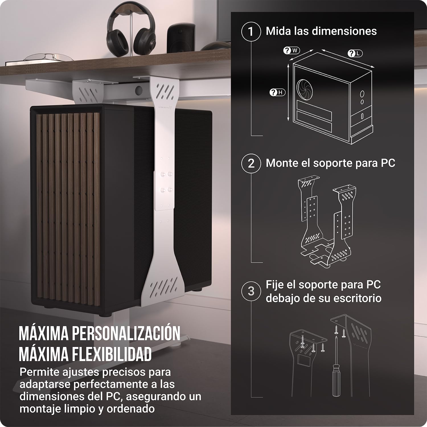 Soporte de CPU Ajustable bajo Escritorio - Soporte para Ordenador de Alta Resistencia bajo Escritorio - Capacidad de Carga de hasta 35 kg - Soporte Flexible para PC sobre Escritorio (Blanco)