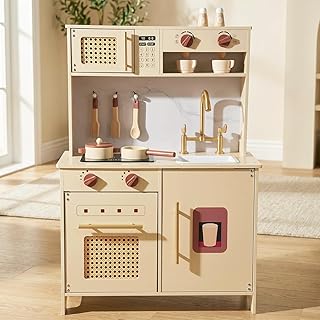 Wooden Kitchen Playsets for Kids, Pretend Play Kitchen with Realistic Clicking Sounds, Gold Faucet, Coffee Maker & Cooking Accessories, Set for Toddlers Boys Girls Age 3+