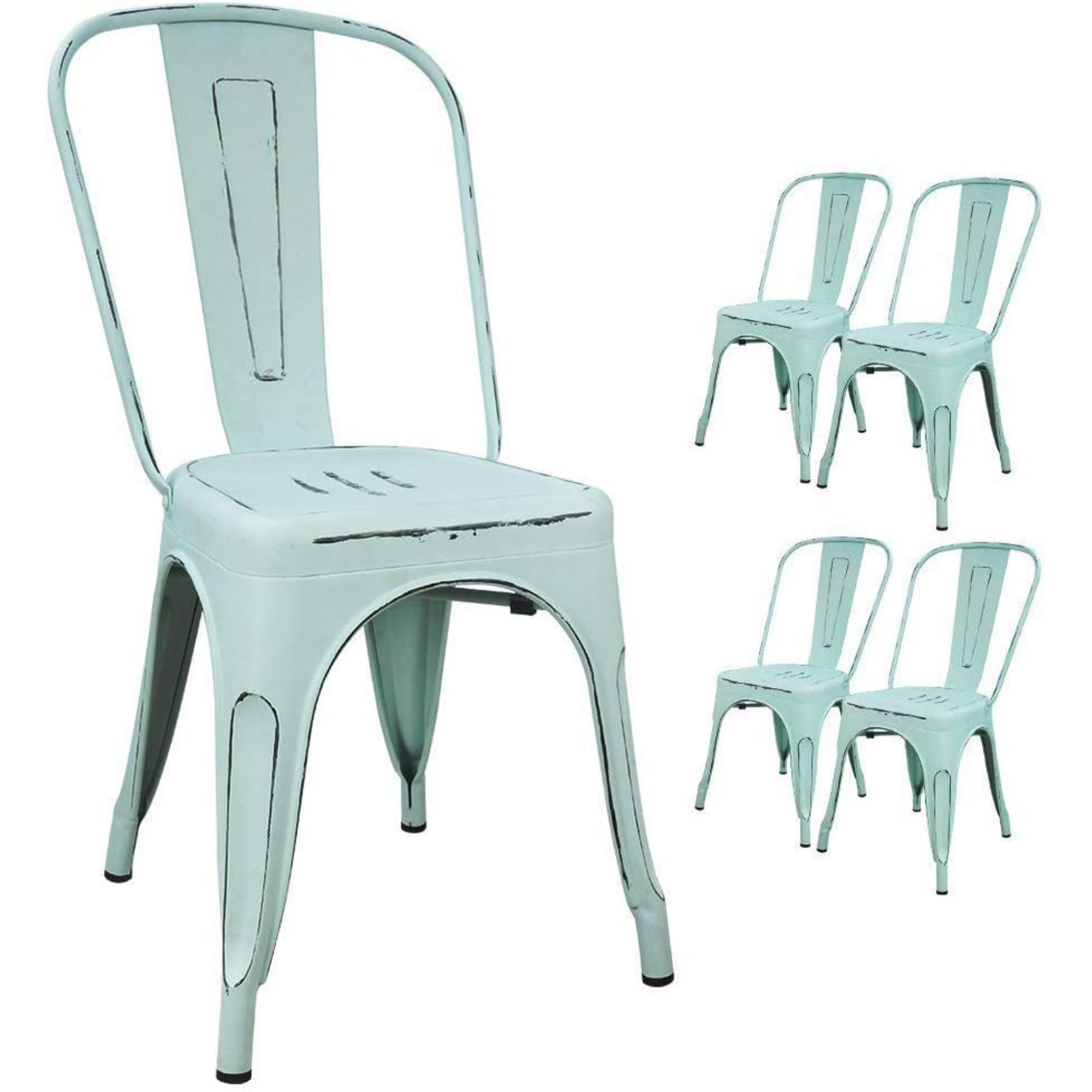 Metal Indoor-Outdoor Chairs Distressed Style Kitchen Dining Chairs Stackable Side Chair with Back Set of 4 (Blue)