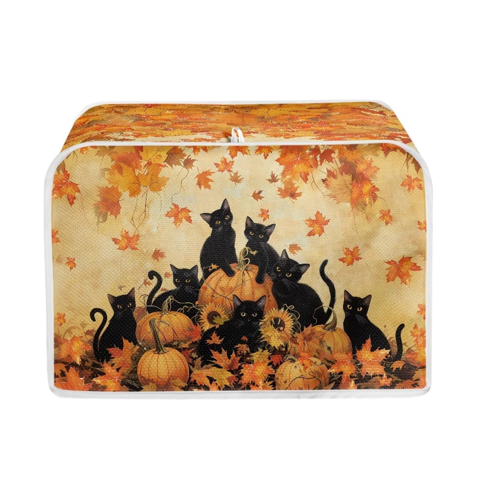 TOADDMOS Black Cat Pumpkins Maple Leaf Toaster Cover 2 Slice Toaster Dust Cover Protectors Kitchen Bread Machine Washable Covers with Hook