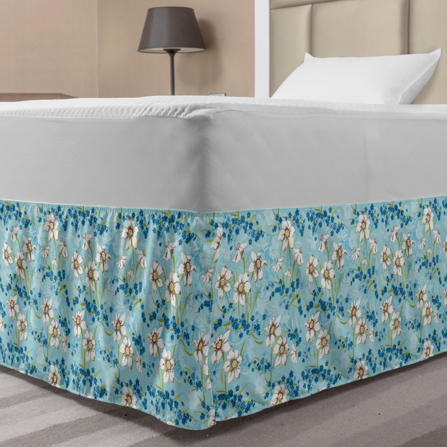 Lunarable Daffodil Bed Skirt Cornflowers Watercolor Style Spring Meadows Nature Floral Arrangement Elastic Bedskirt Dust Ruffle Wrap Around