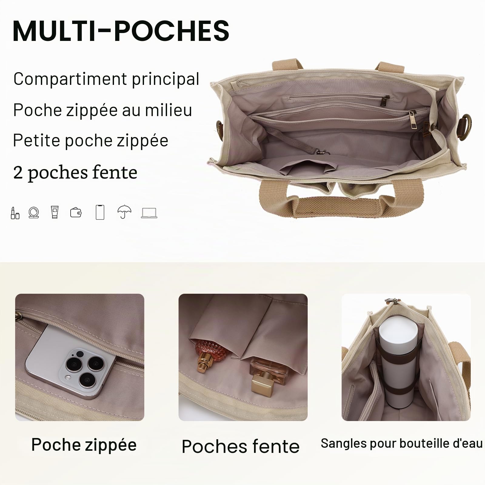 VASCHY Sac Cabas Femme en Toile, à Fermeture Zippée, Multi-poches, Bandoulière Amovible et Réglable
