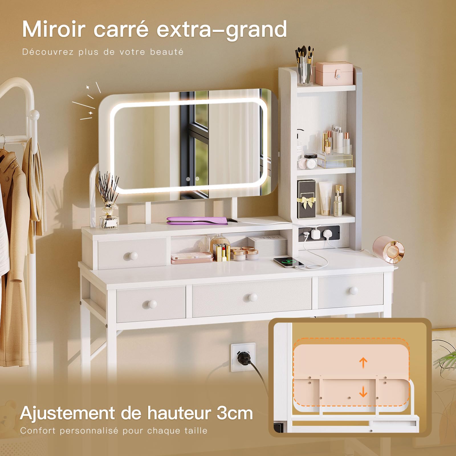 ODK Coiffeuse avec Miroir LED réglable, Bureau de Maquillage avec 4 Tiroirs en Tissu, Table de Toilette avec Prise USB intégrée, Bureau de Maquillage Blanc 100×40×140cm